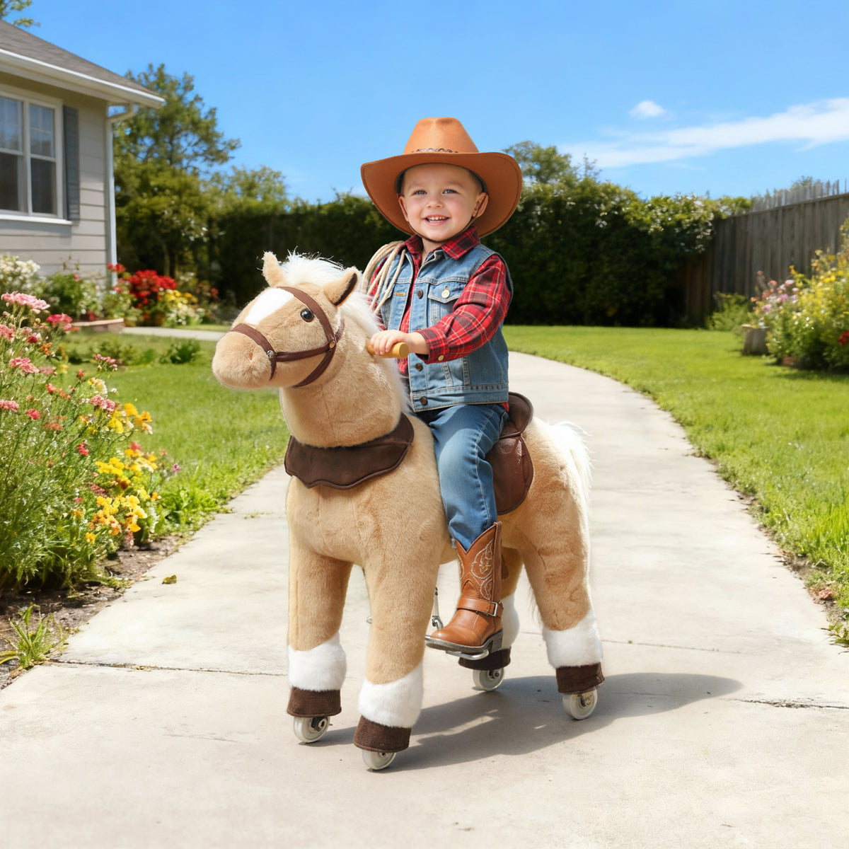 Qaba Ride on Horse, Plush Riding Pony for Ages 3-5, Walking Horse Animal with Wheels for Active Play, Brown