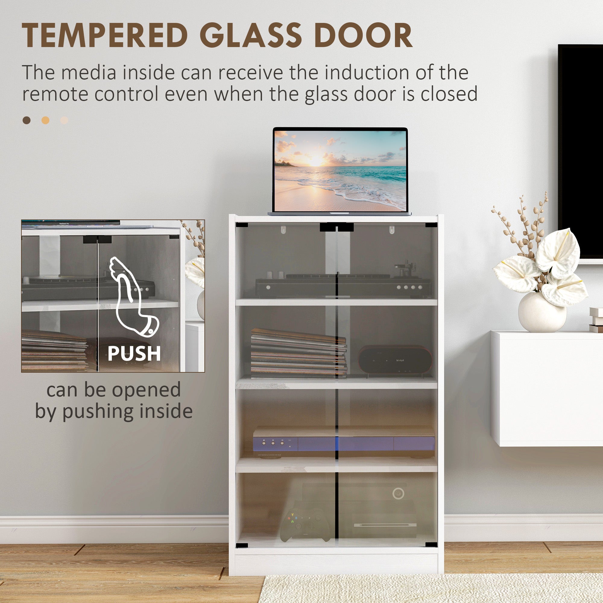 4-Tier Media Cabinet, Media Stand with Adjustable Shelves, Tempered Glass Doors, and Cable Management, Distressed White