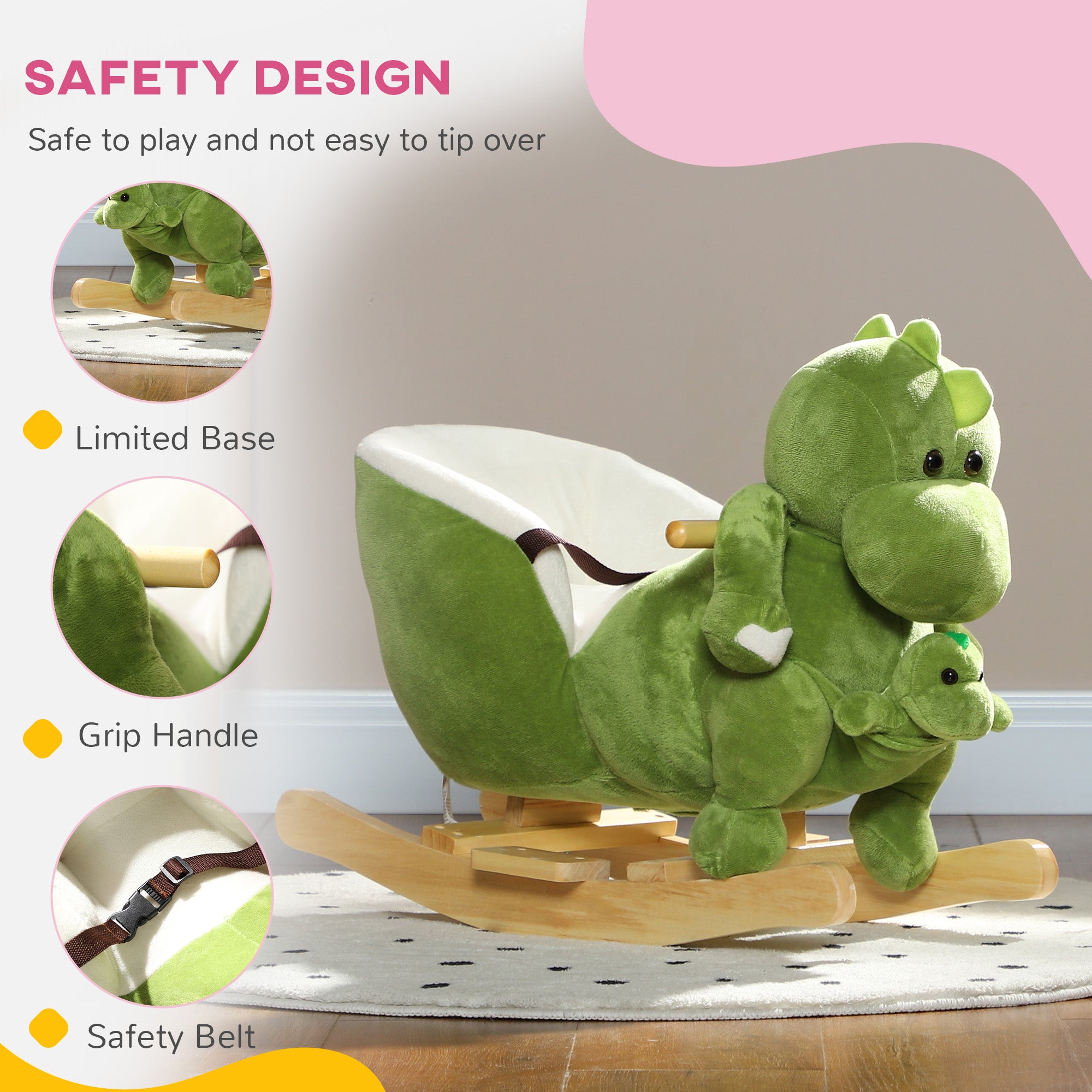 Rocking Horse, Ride on Dinosaur w/ Seat Belt, 32 Songs & Hand Puppet for 18-36 Months, Green