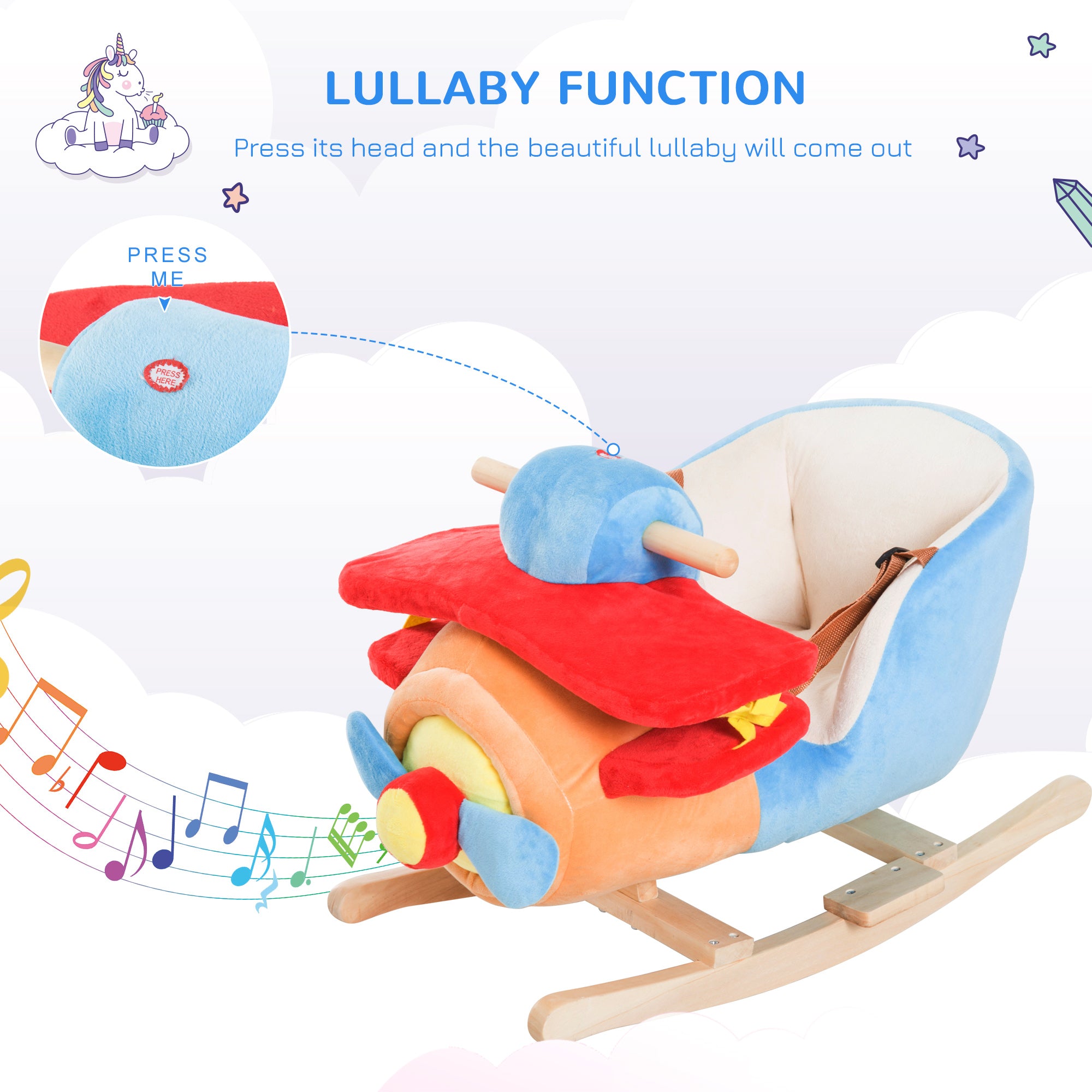 Kids Rocking Horse, Wooden Plush Ride-on Plane Chair Toy with Lullaby Song and Seat Belt for 18 Month +