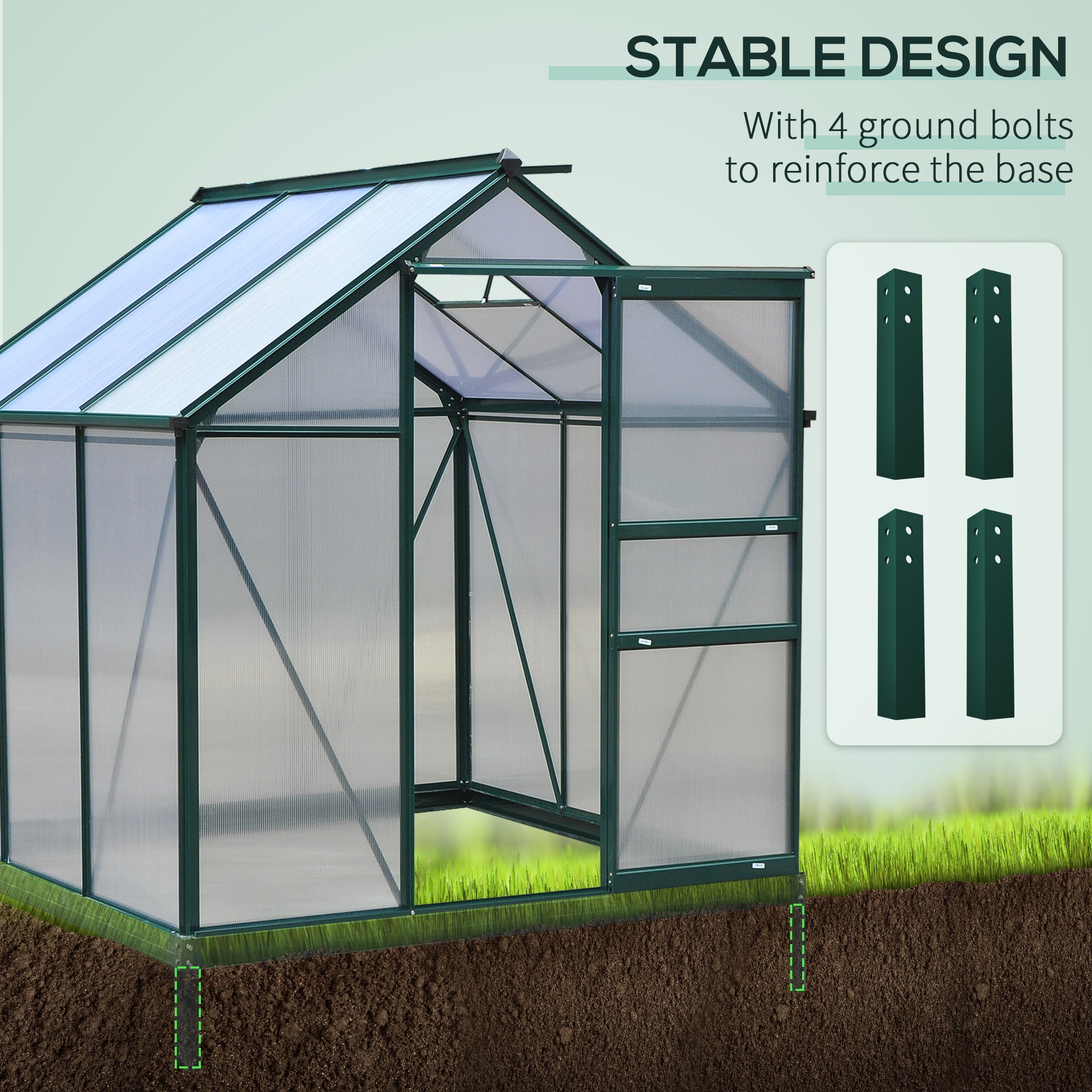 6' x 6' Greenhouse for Outdoors, Polycarbonate Greenhouse with Rain Gutter and Roof Vent, Aluminum Walk-in Green Houses for Outside for Patio Backyard Garden, Dark Green - Dark Green - Image 8