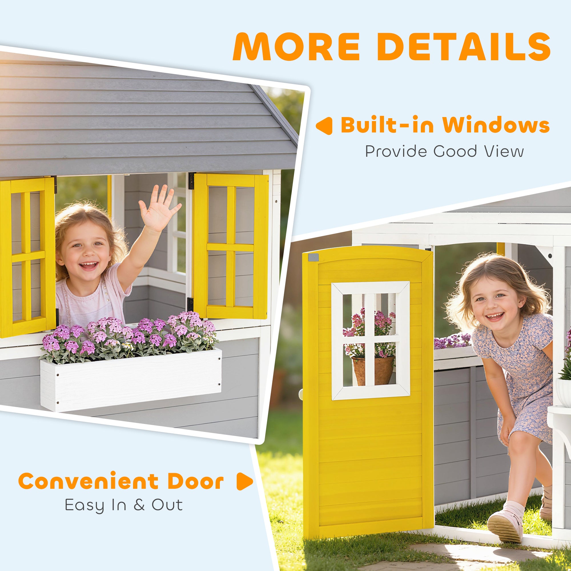 Wooden Playhouse for Kids Outdoor with Doors, Windows, Planter Pots and Boxes for Toddlers 3-8 Years, Gray