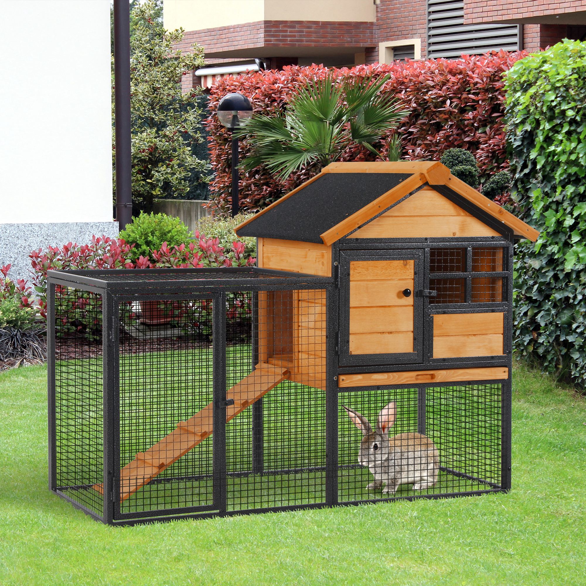 Outdoor Rabbit Cage Elevated Pet House w/ Slide-Out Tray, Natural Wood & Black - Light Yellow - Image 2