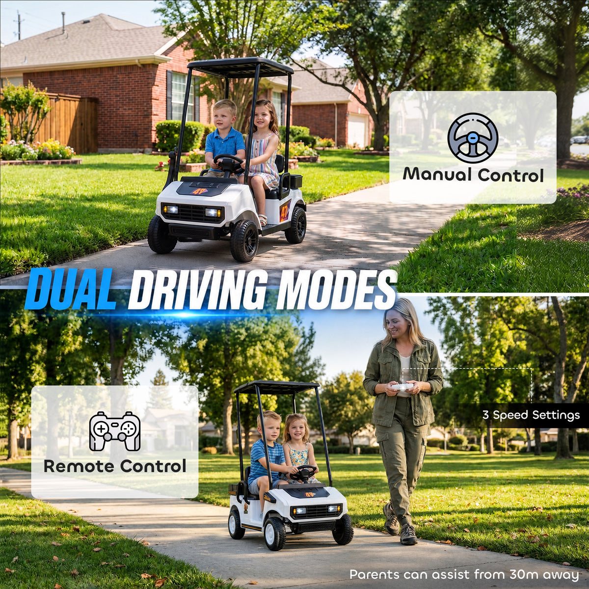 24V Kids Golf Cart 2WD 2-Seater with Remote, Soft Start, Rear Suspension, Sunshade, Storage, Gift for 3-6 Years, White