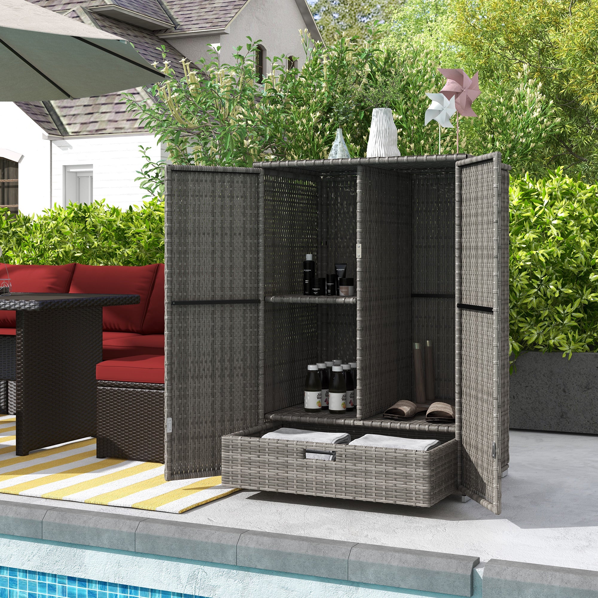Outdoor Storage Cabinet with Shelves, Rattan Pool Towel Storage Cabinet with Removable Shelf & Drawer, Dark Gray - Dark Gray - Image 2