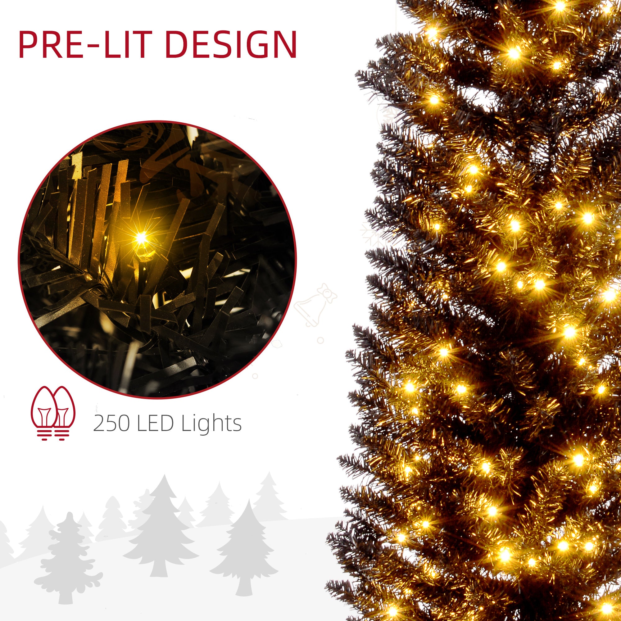 7ft Pencil Christmas Tree, Slim Artificial Christmas Tree with Realistic Branches and Warm White LED Lights, Black