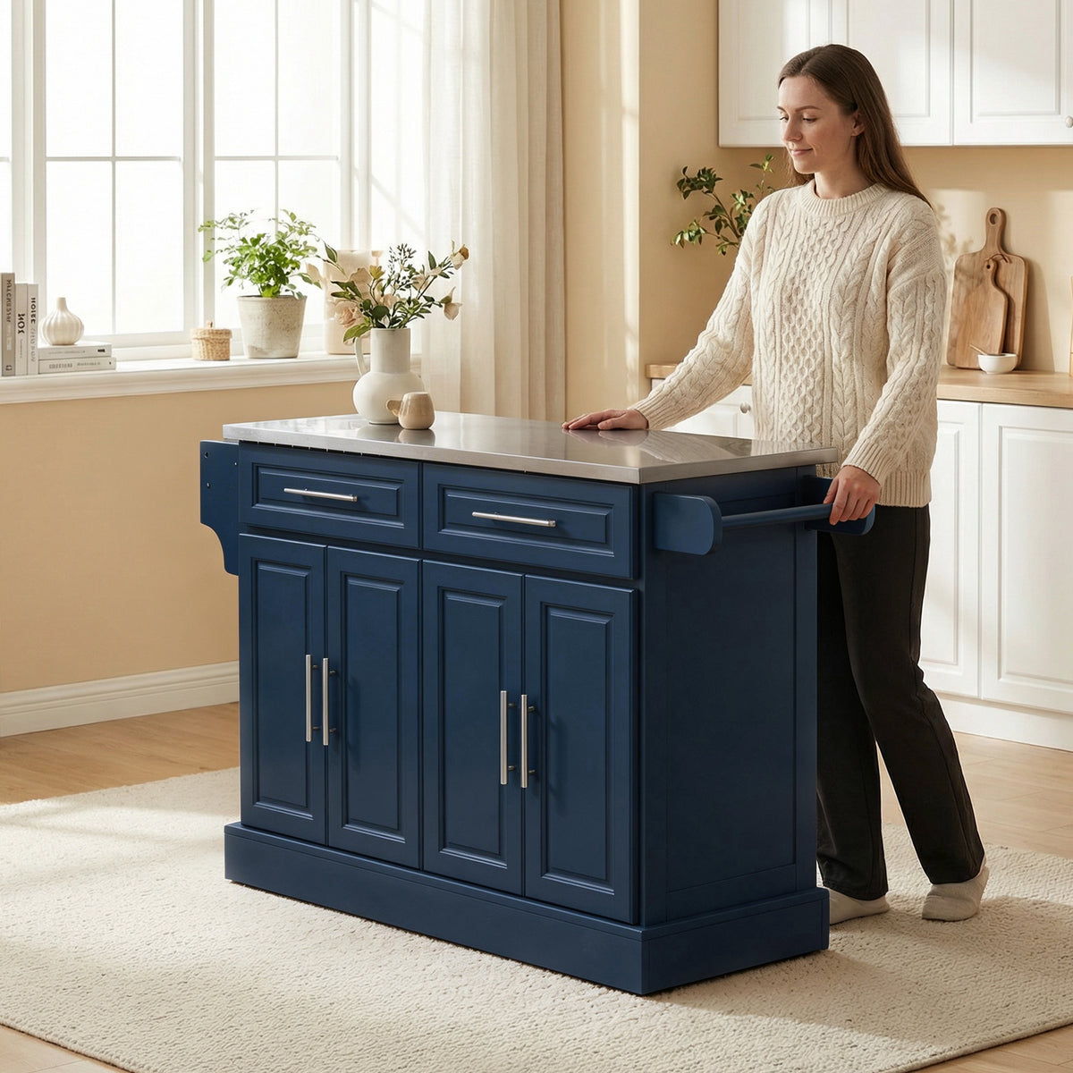 Rolling Kitchen Island with Stainless Steel Top, 2 Drawers, Spice, Knife and Towel Rack and Cabinets, Navy Blue