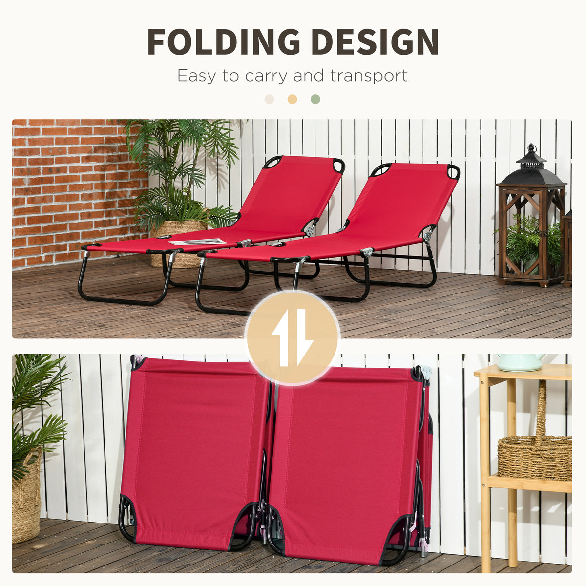 2 Piece Folding Chaise Lounge Pool Chairs, Outdoor Sun Tanning Chairs with 5-Level Reclining Back, Steel Frame for Beach, Yard, Patio, Red
