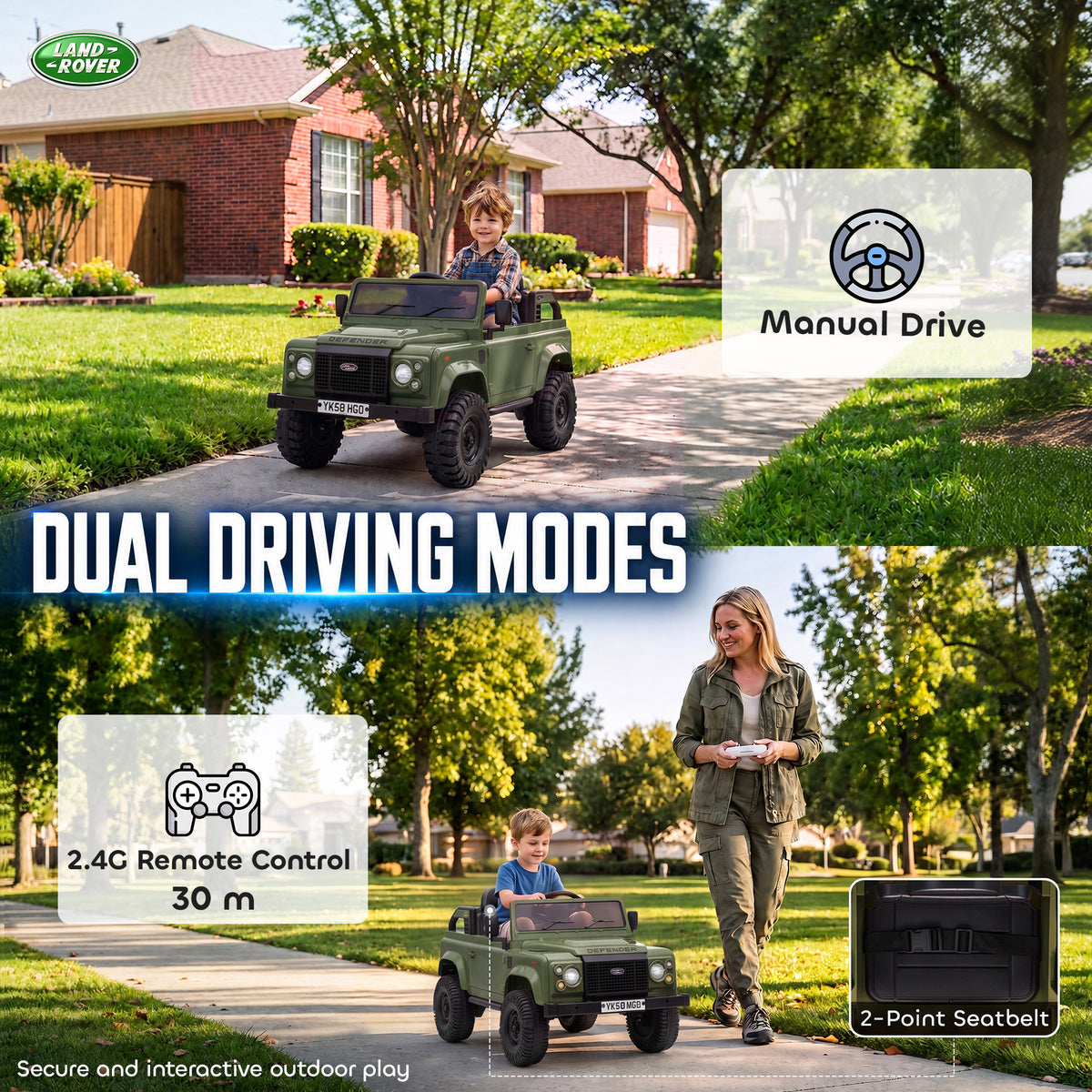 12V Electric Car for Kids 3+ Years, Licensed Land Rover Defender Toddler Ride on Car w/ Remote Control, Green