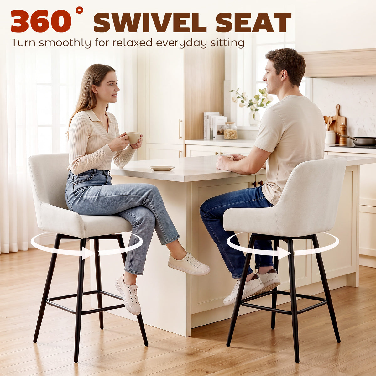 Kitchen Island Chairs Counter Height Bar Stools with Swivel Linen Seat and Footrest, Cream White