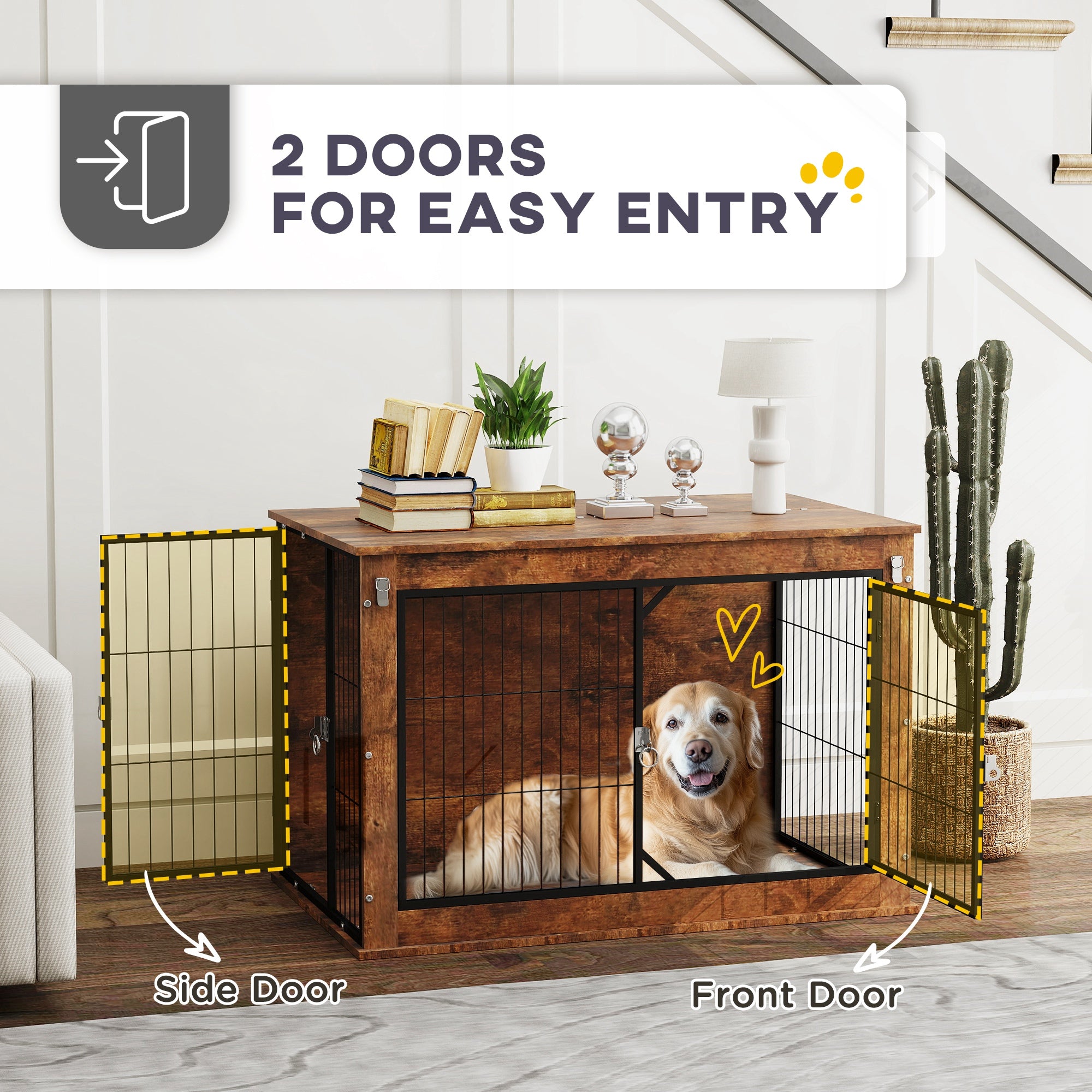 39" Dog Crate Furniture with Flip-up Top Opening, 2 Doors, Dog Kennel Furniture for Large Dogs, Rustic Brown - Rustic Brown - Image 6