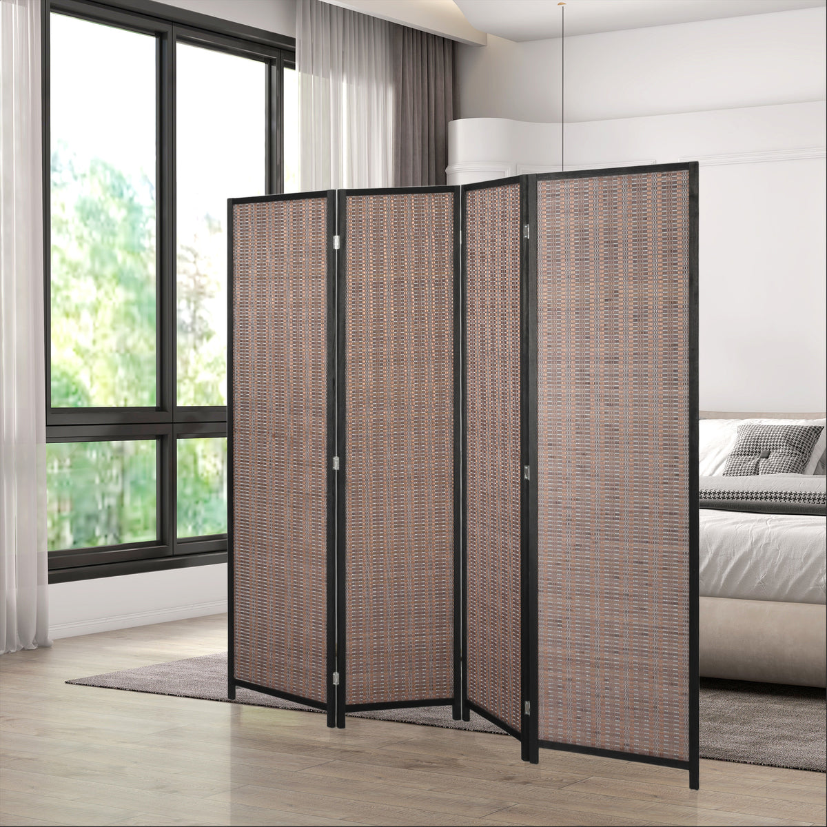 Room Divider Folding Privacy Screen Freestanding 4 Panel Pine Wood for Bedroom Home Office 6 Ft Tall Black Brown