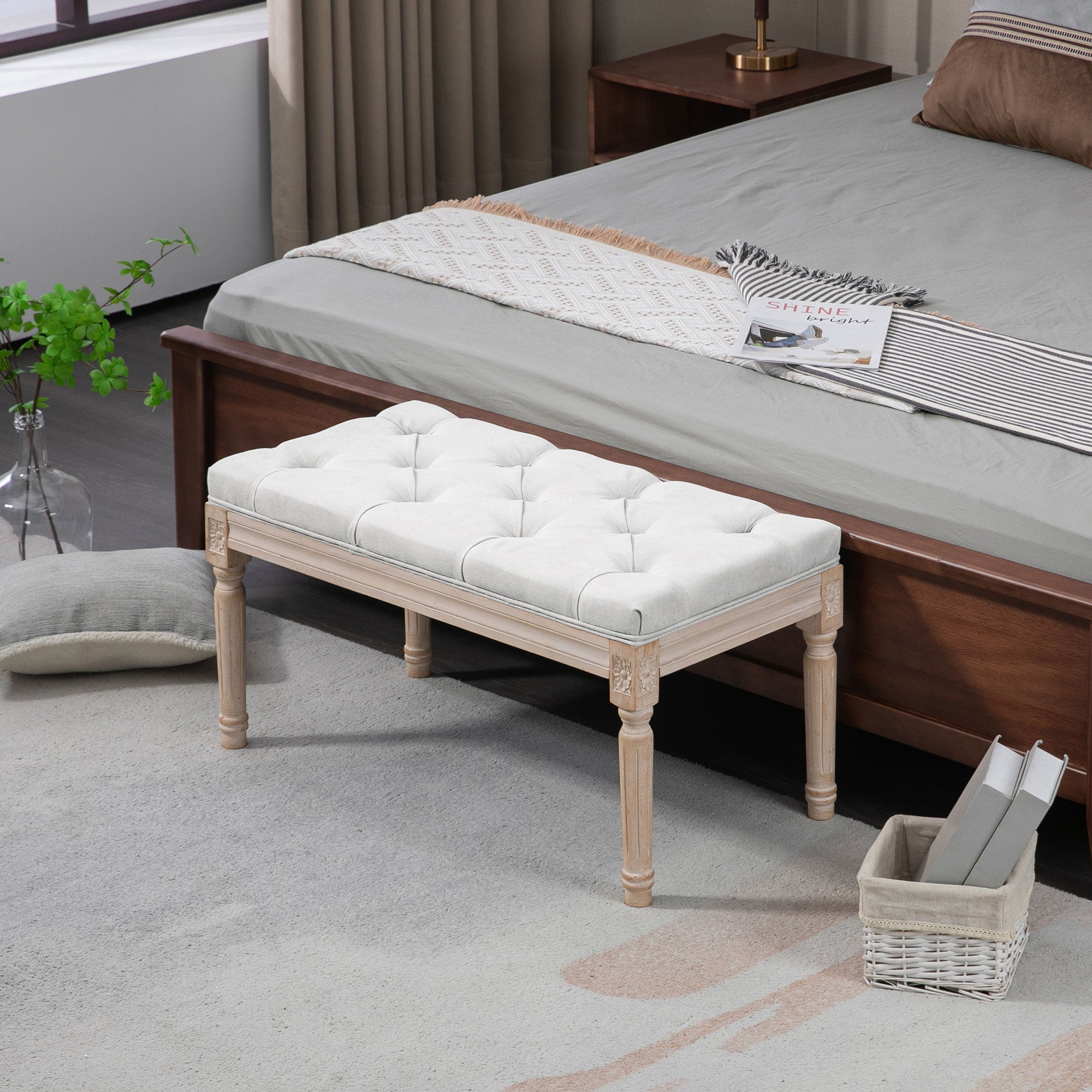 32" Linen Upholstered Bedroom Bench, French End of Bed Bench with Thick Padded Cushion and Wooden Legs, Cream White