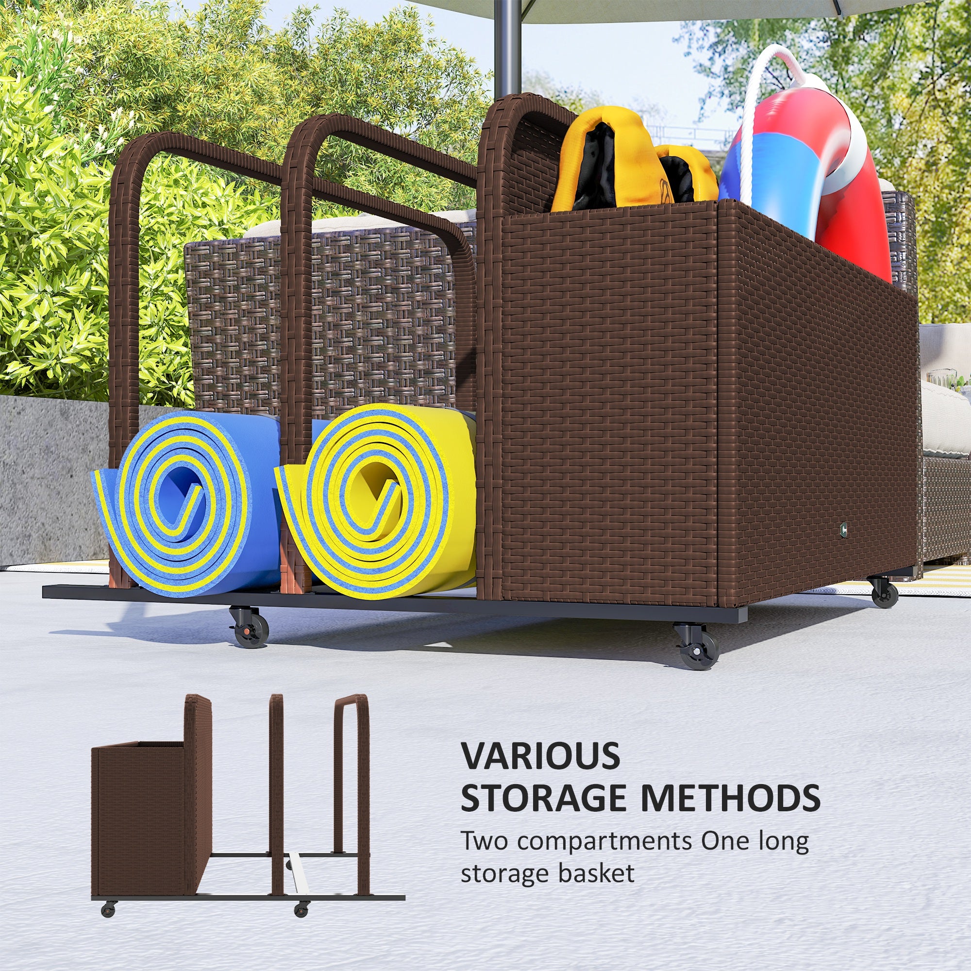 PE Rattan Pool Float Storage Organizer with Wheels, Brown - Brown - Image 5