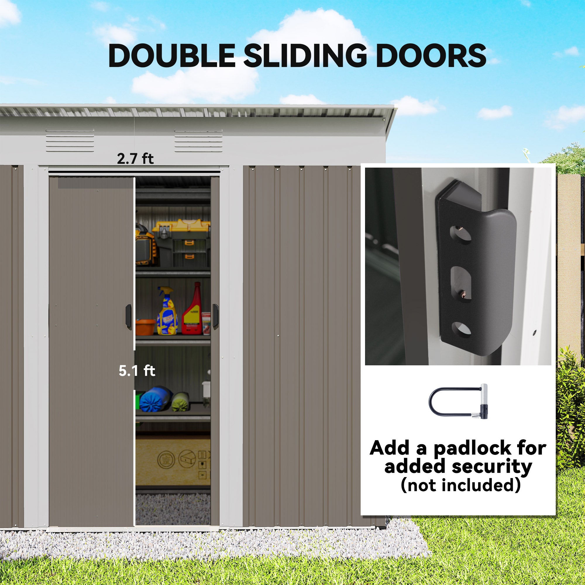 7' x 4' Metal Garden Shed, Backyard Tool Storage Shed with Dual Locking Doors, 2 Air Vents and Steel Frame, Light Gray - Light Gray - Image 5