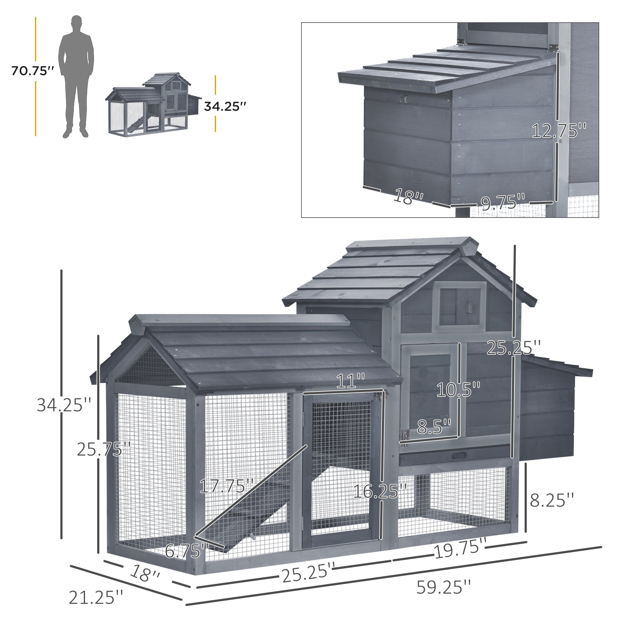 59" Small Wooden Chicken coop Hen House Poultry Cage for Outdoor Backyard with 2 Doors, Nesting Box and Removable Tray, Gray - Grey - Image 3