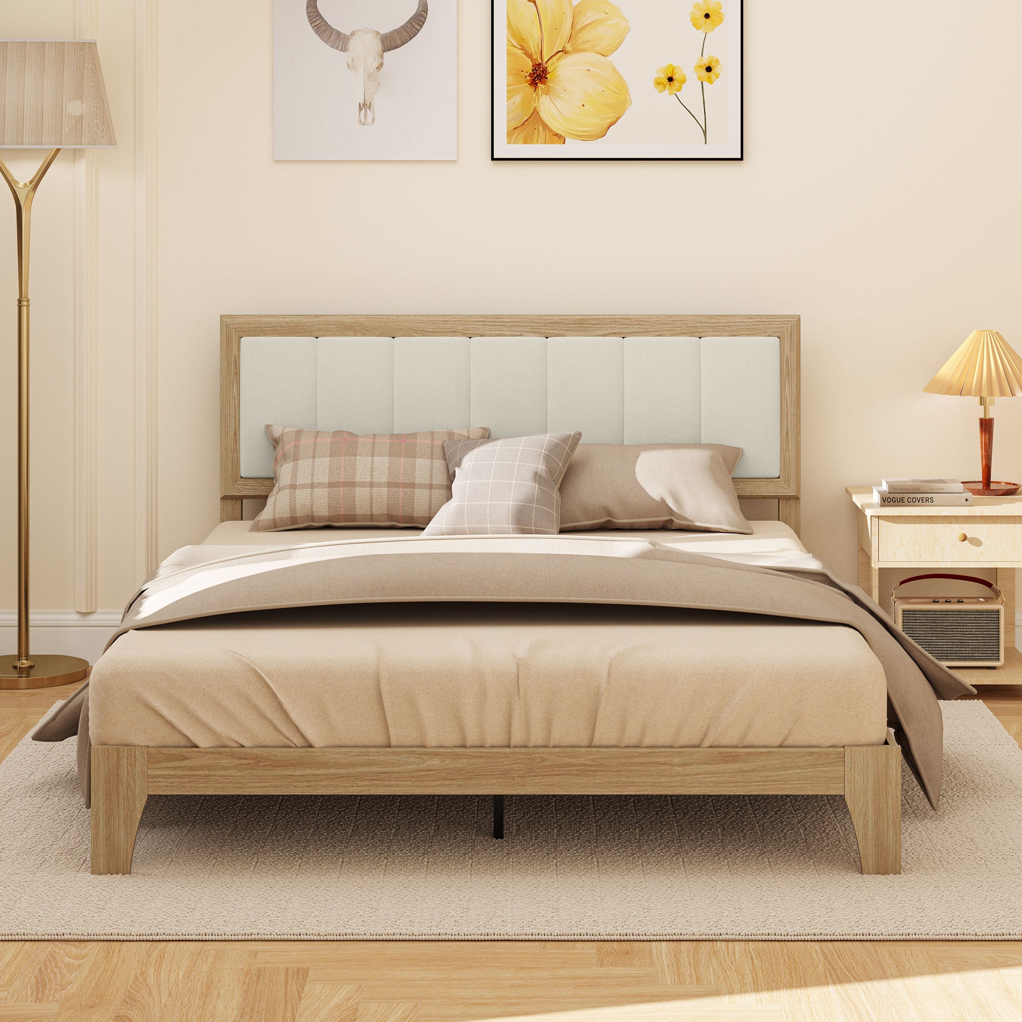 Queen Bed Frame with Headboard Queen Platform Bed Frame with Wooden Slats No Box Spring Needed Easy Assembly Natural