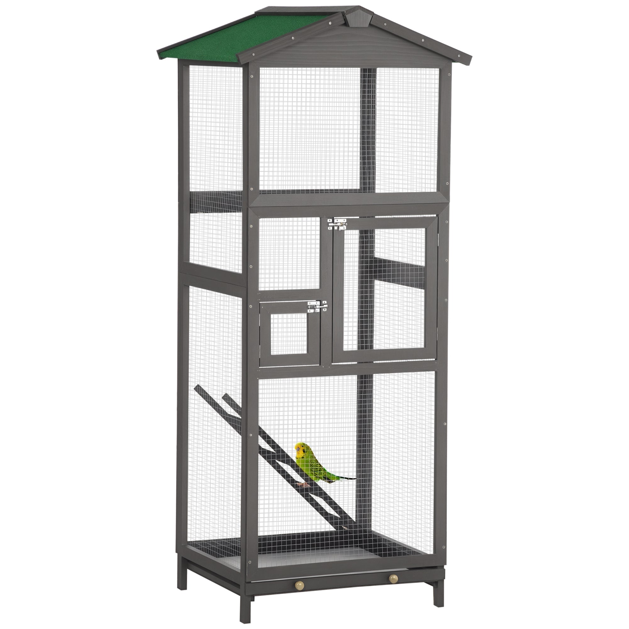 65" Wooden Bird Cage Outdoor Aviary House for Parrot, Parakeet, with Pull Out Tray and 2 Doors, Grey - Light Grey