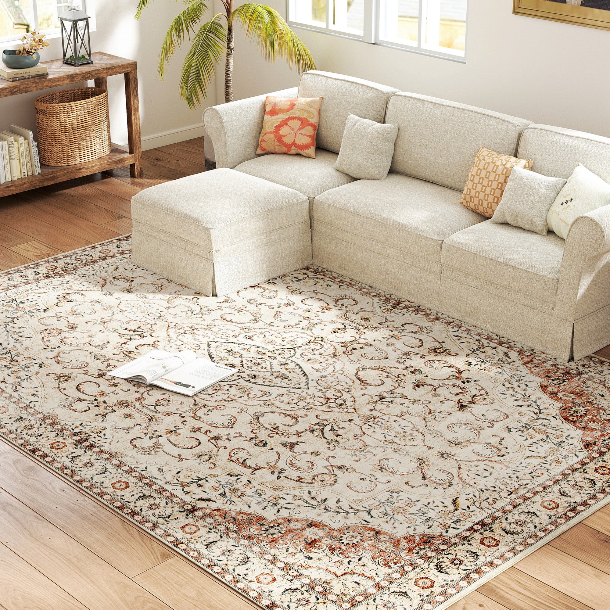 Area Rug 8x10, Machine Washable Rug, Non-Slip Classical Floral Print Floor Carpet for Living Room, Bedroom, Mixed-Brown