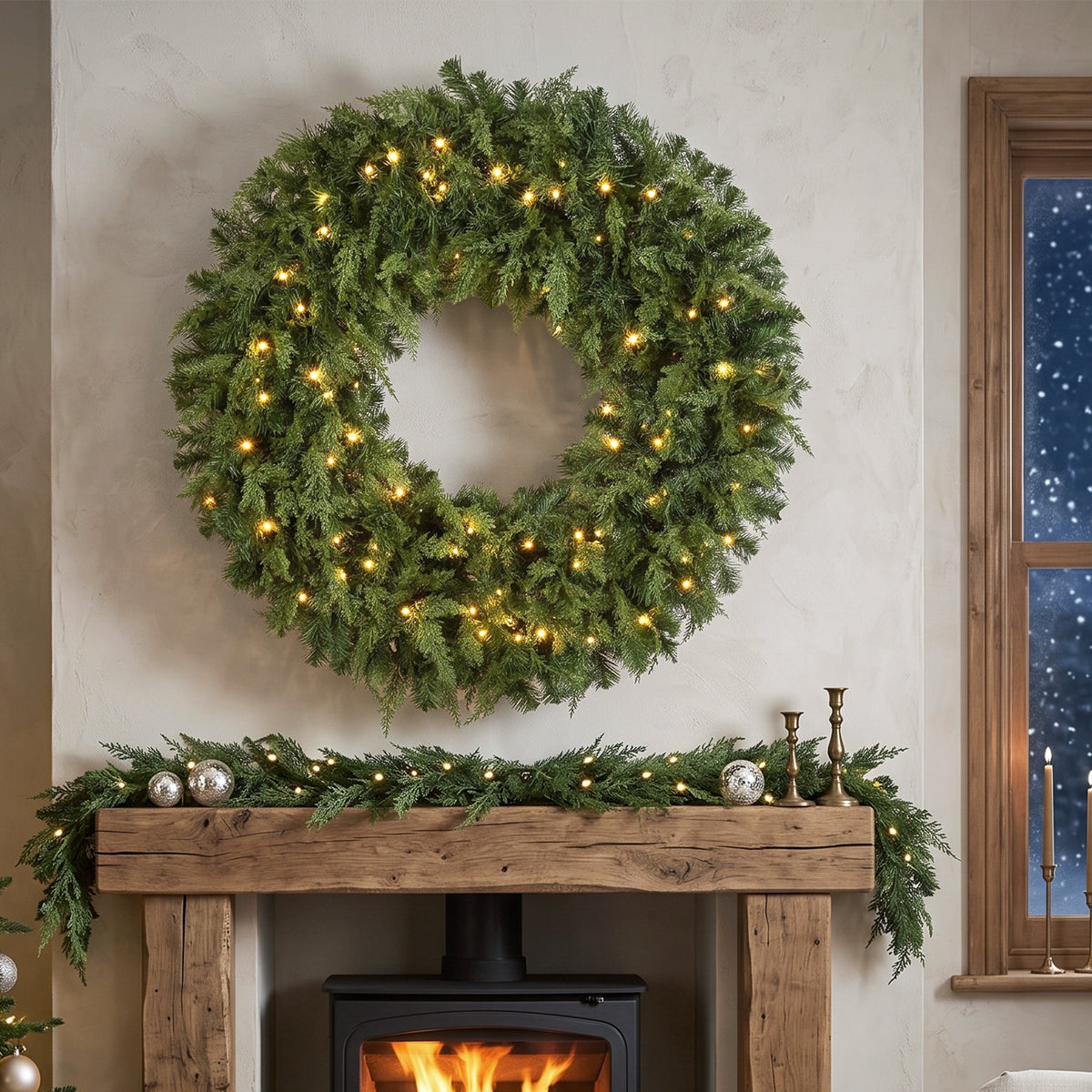 48" Prelit Crestwood Spruce Artificial Christmas Wreath, Christmas Decor with Bow, LEDs, 8 Modes, Realistic Tips