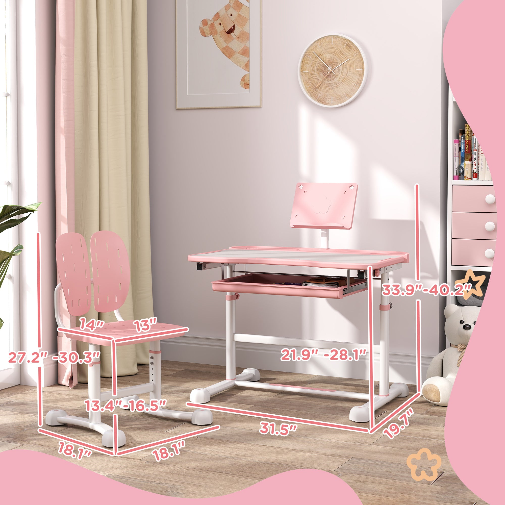 Adjustable Kids Desk and Chair Set with Tilt Desktop & Storage, Pink