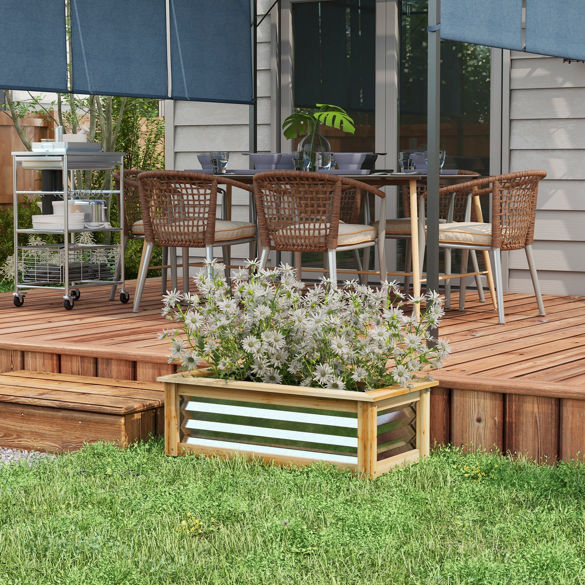 Raised Garden Bed, Planter Box, Metal and Wood Combined, for Growing Flowers, Herbs and Vegetables - Silver, Natural - Image 2