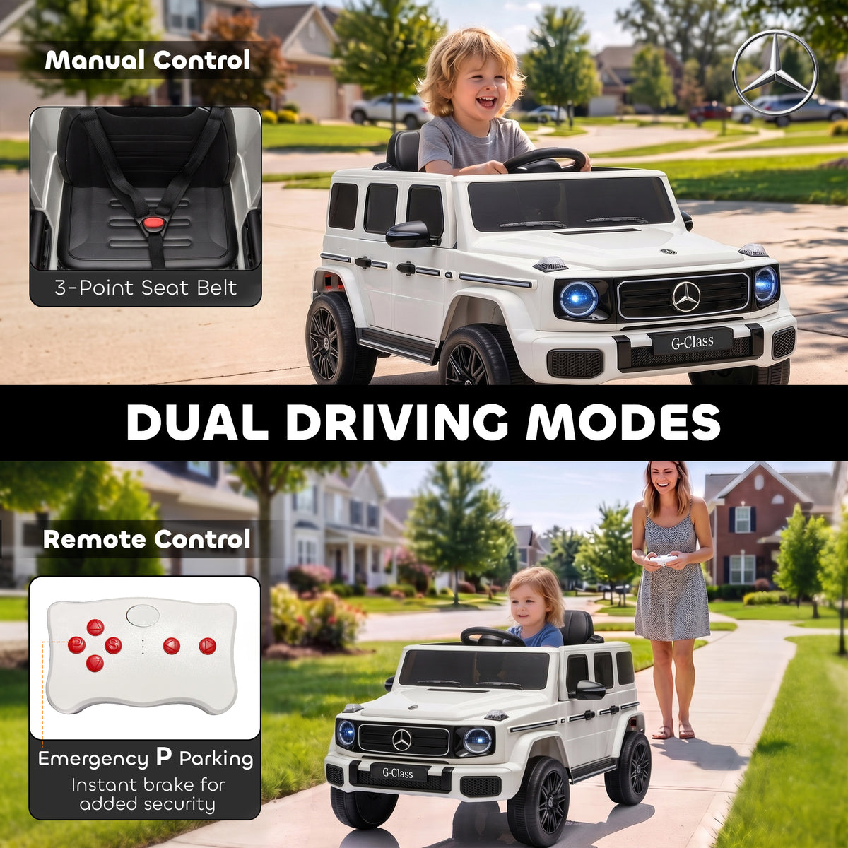 Licensed Mercedes-Benz G580 12V Kids Ride On Car with Remote, Soft Start, Headlights, Seat Belt, Music, USB, Horn, White