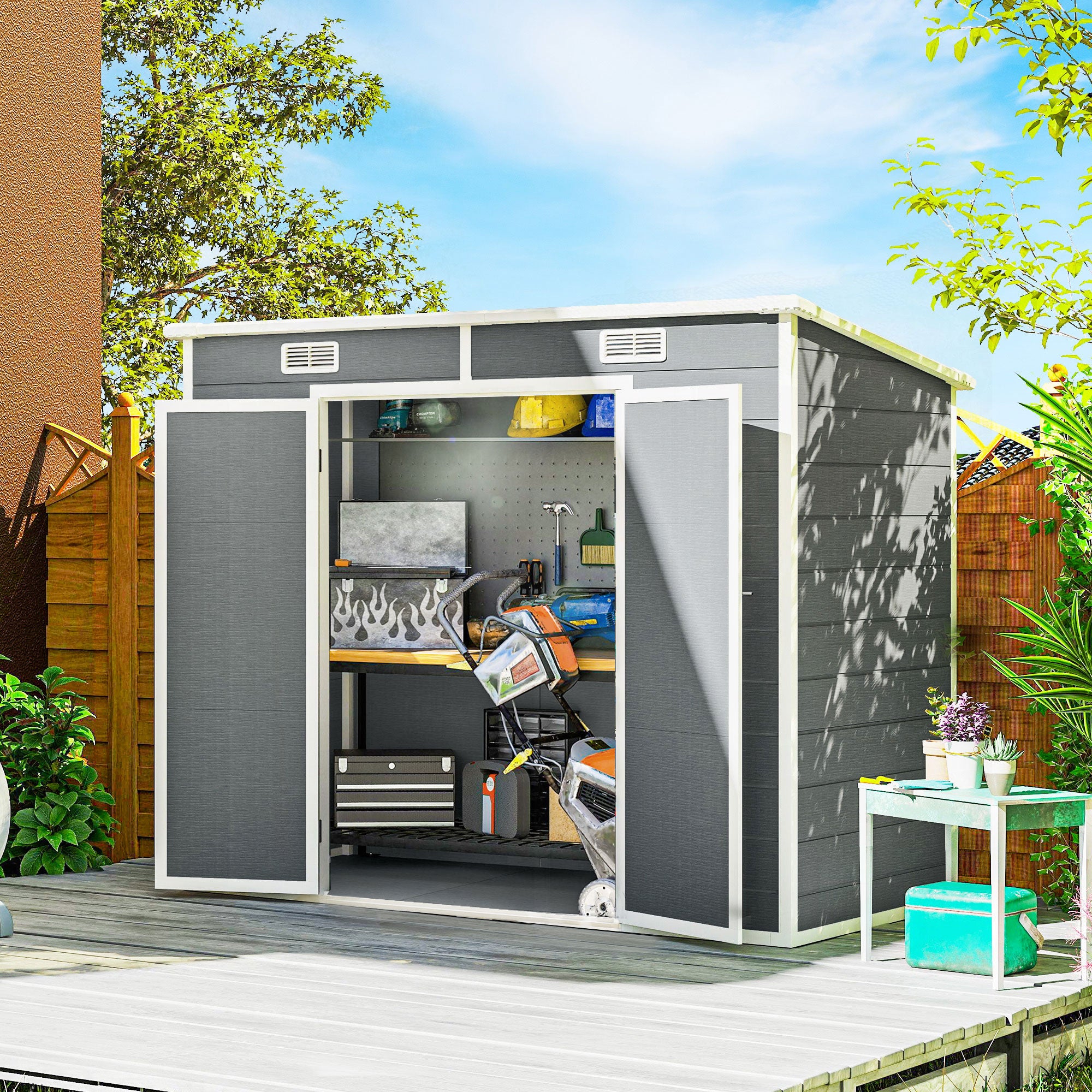 8' x 4' Plastic Outdoor Storage Shed with Floor, Window, Lockable Doors and Vents for Backyard Patio Lawn, Gray - Gray - Image 2