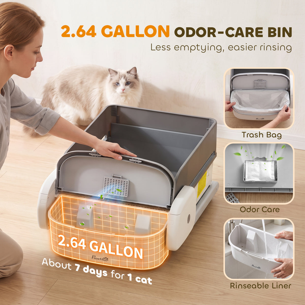 Self Cleaning Cat Litter Box, Automatic Litter Box with App Control, Open-Top, 10L Waste Bin, Gray