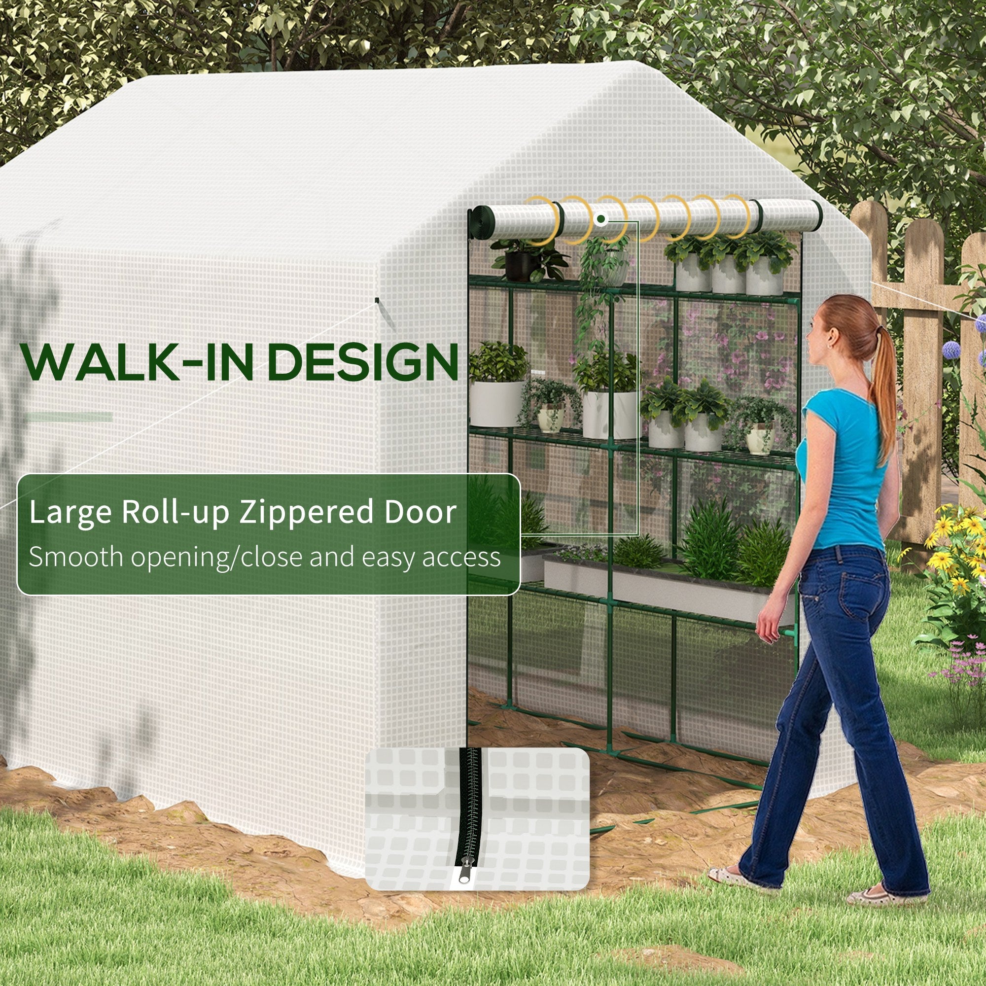 Outdoor Walk-in Greenhouse with Roll-up Zipper Door, 18 Shelves, PE Cover, 95.25" x 70.75" x 82.75", White - White - Image 5