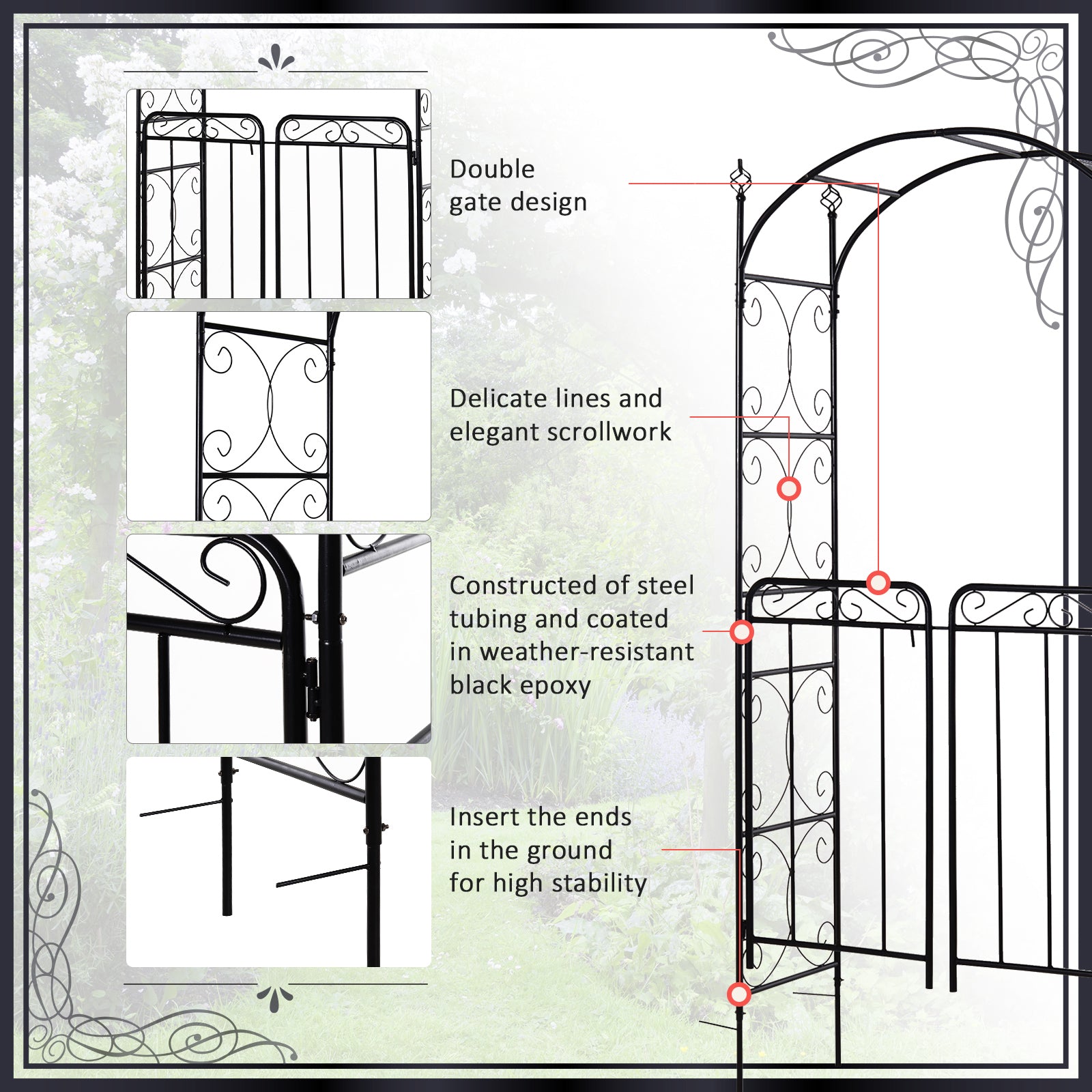 84" Garden Arch Arbor with Gate, Metal Arch Trellis, Garden Archway for Climbing Vines, Wedding Ceremony Decoration, Flourishes & Arrow Tips, Black - Matte Black - Image 7