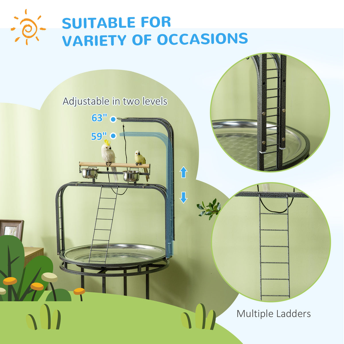 Parrot Stand Large Bird Perch Stand with Toy Hook & 3 Ladders, Parrot Perch, Bird Wooden Stand, Gray