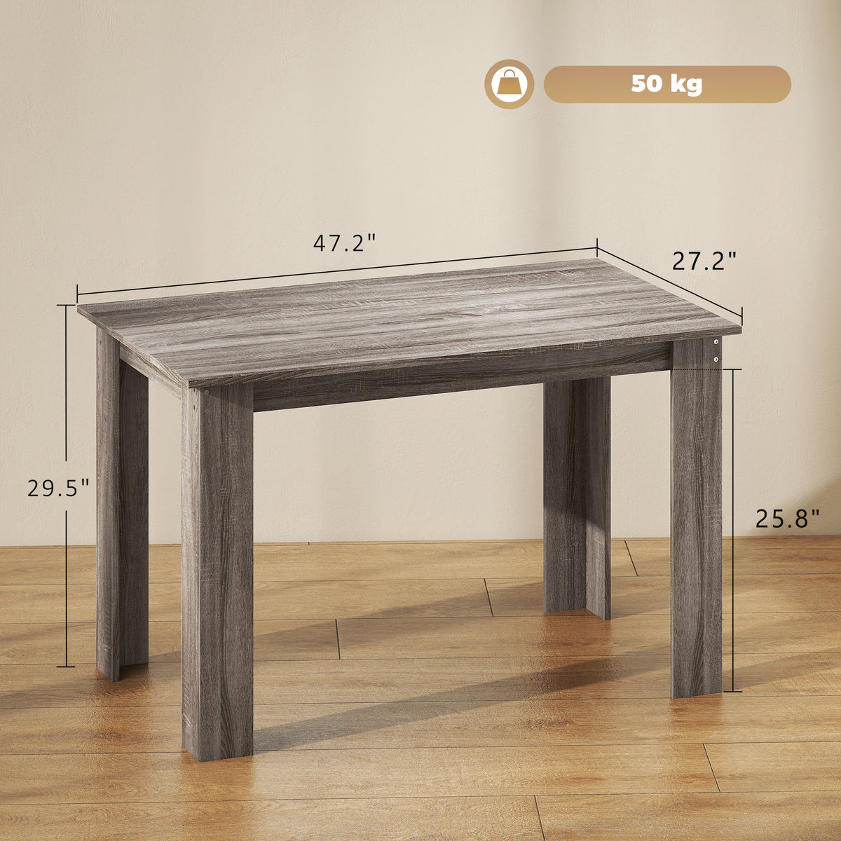47" Dining Table for 4-6 People, Modern Rectangular Kitchen Table for Dining Room, Living Room, Light Gray Wood Effect