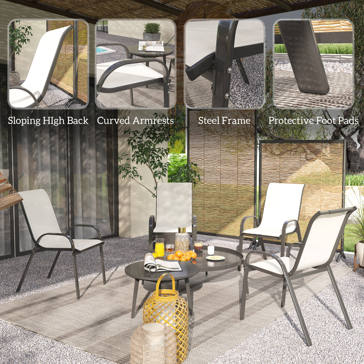 Set of 4 Outdoor Dining Chairs, Stackable Patio Chairs with High Back, Breathable Mesh Seat for Garden Lawn, Beige