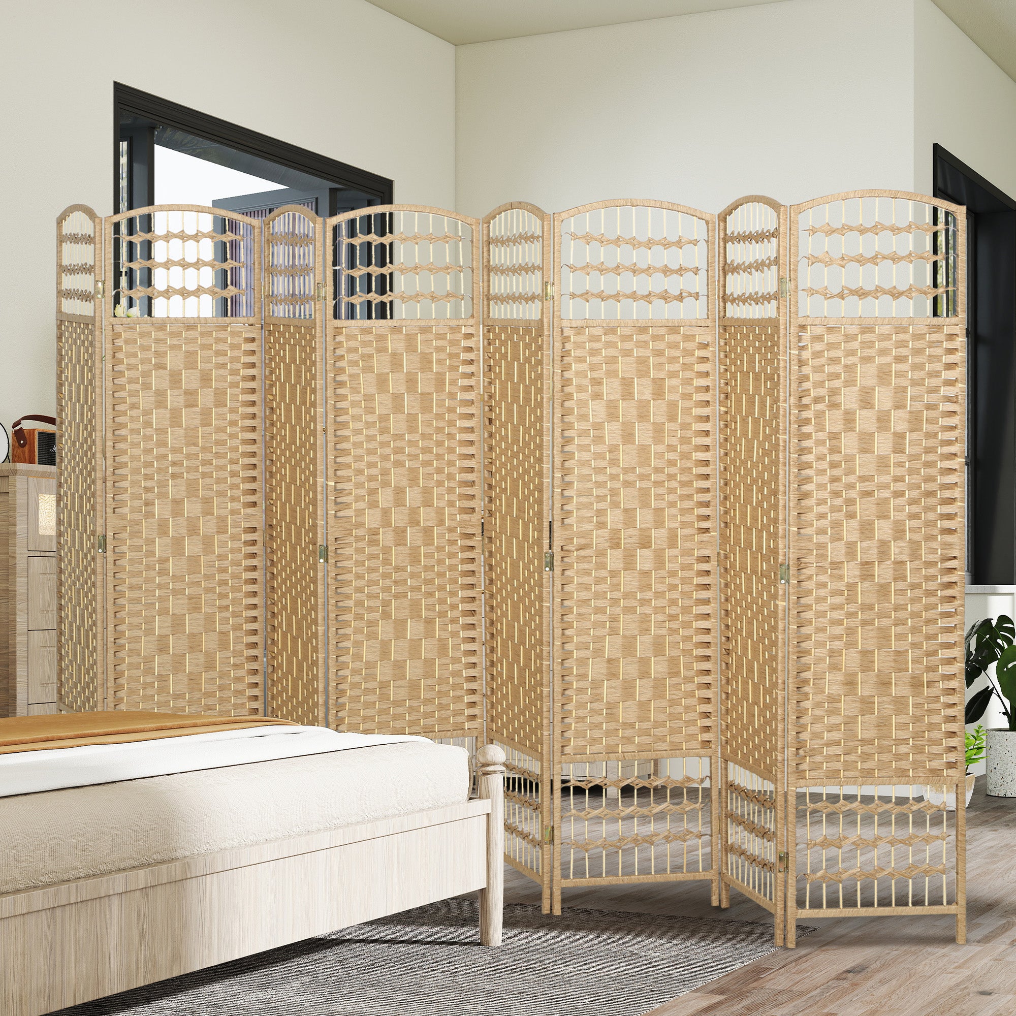 8 Panel Folding Room Divider Portable Privacy Screen Wave Fiber Room Partition for Home Office Natural