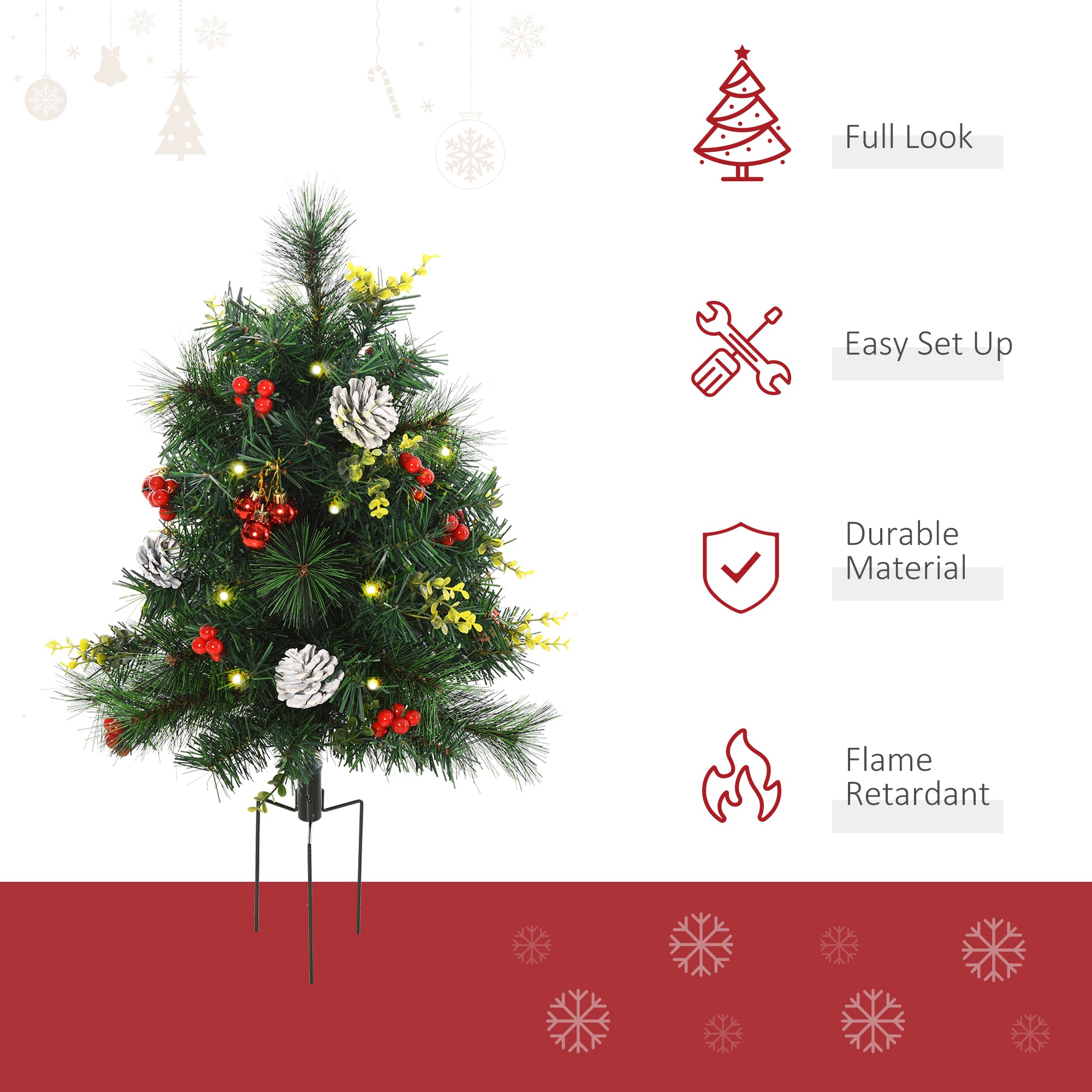 24in Christmas Tree 2-Pack Outdoor Pre-Lit Artificial Pine Cordless with 24 Warm White Lights and Stakes