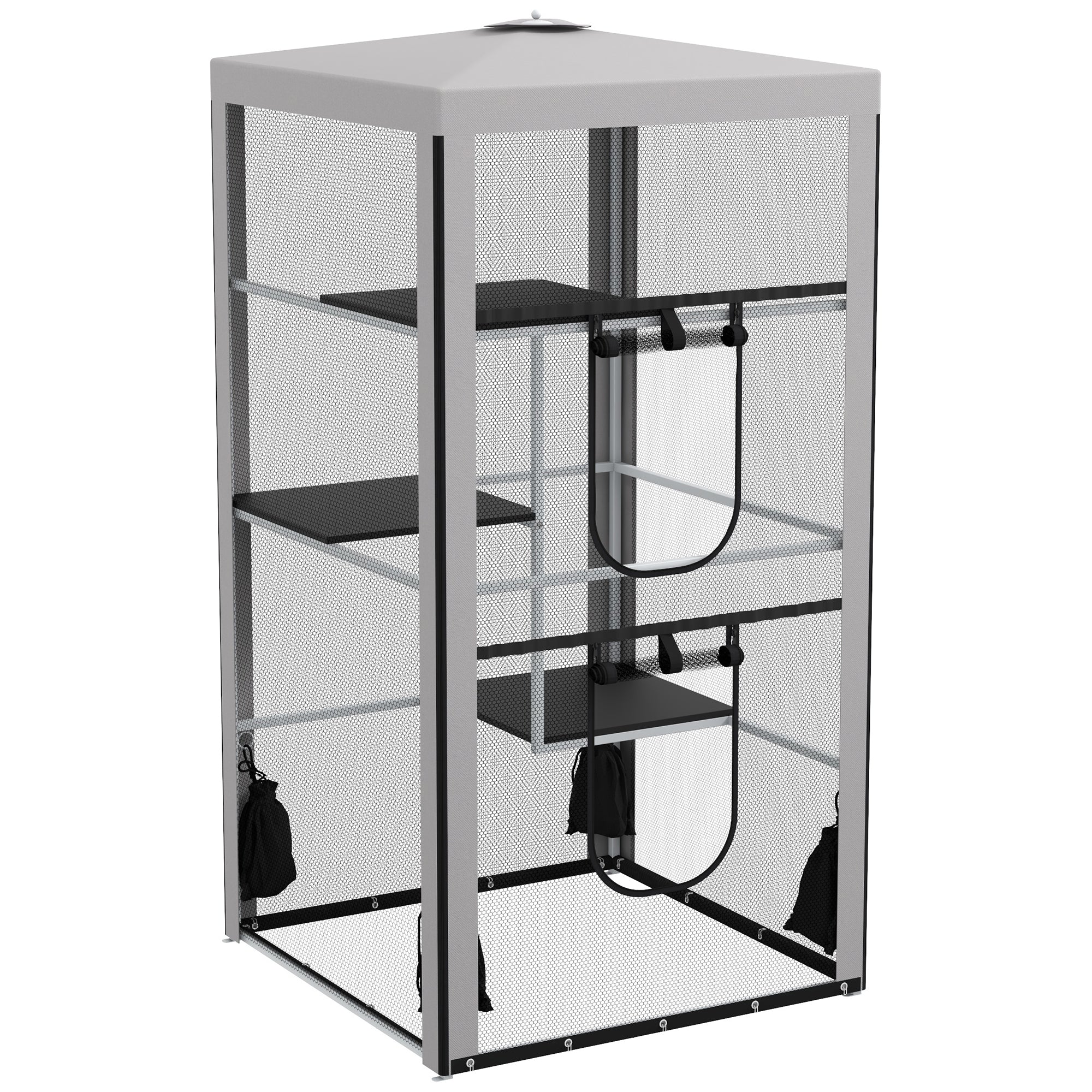 79"H Cat House Kitten Enclosure Mesh Playpen Steel Frame with 3 Platforms, 2 Doors and 4 Sandbags for Stability, Indoor/Outdoor - Grey, White and Black