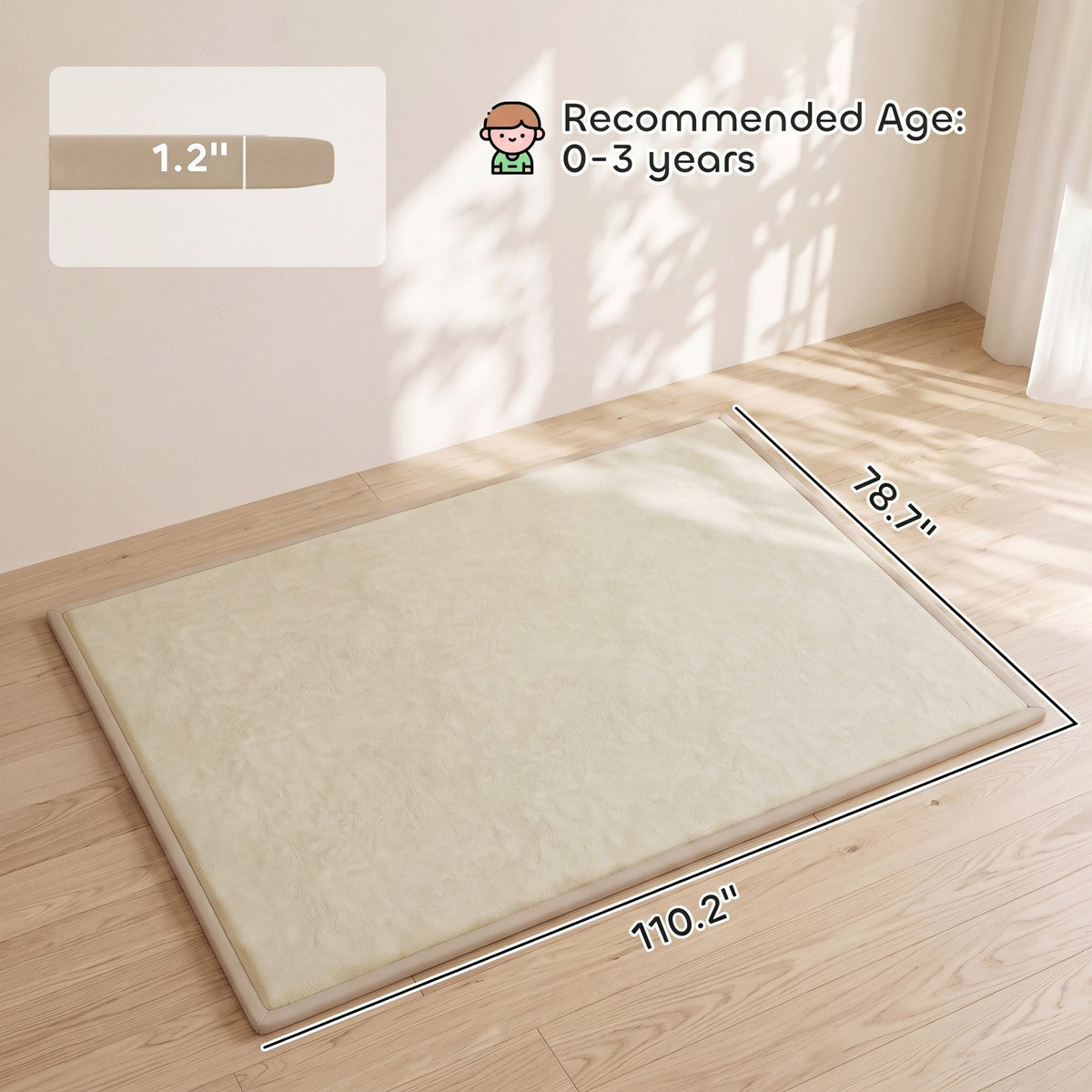 1.2" Thick Baby Play Mat, 110" x 79" Playpen Mat, Non-Slip, Water-Resistant, Soft Flannel for Crawling, Cream White