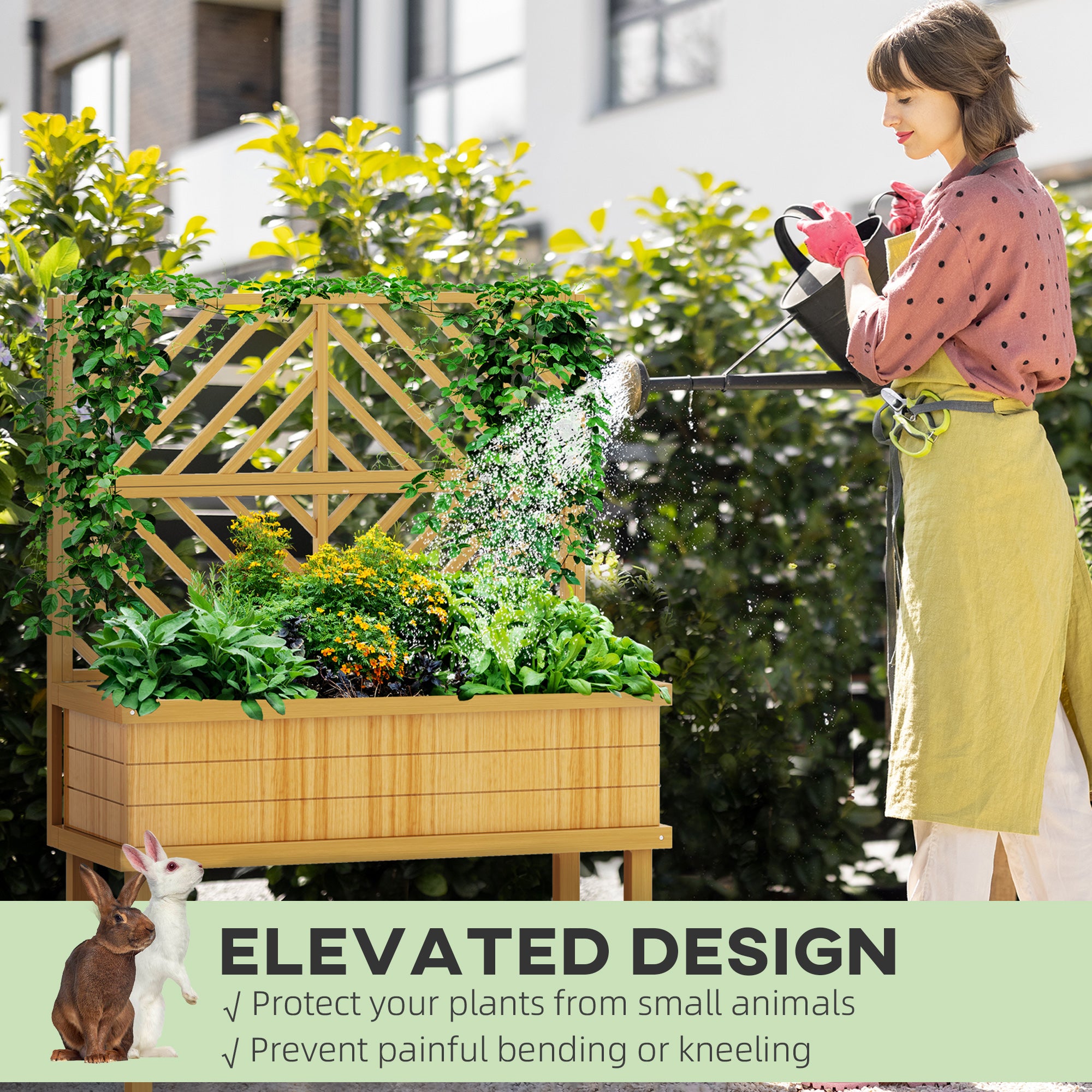 Elevated Wood Planter with Trellis for Climbing Plants, Raised Garden Bed with Legs and Drainage Holes, Natural Wood - Natural Wood - Image 7