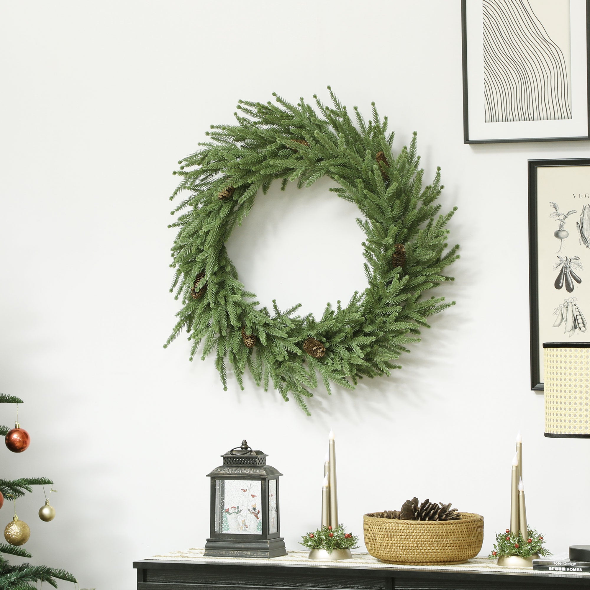24 inch Christmas Wreath, Artificial Norfolk Pine Wreath with Pine Cones and 88 Realistic Branches for Door, Wall