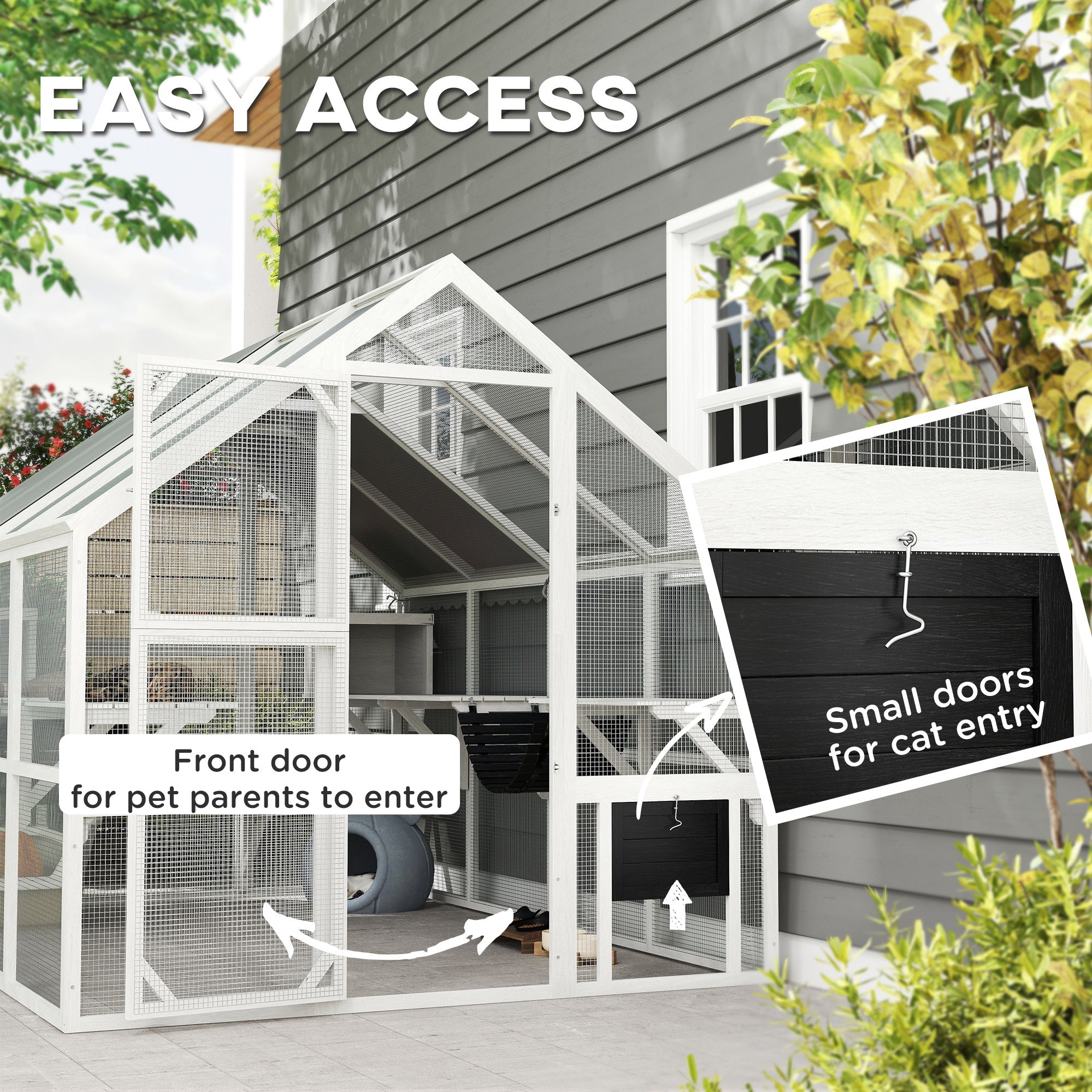 Wooden Catio Outdoor Cat Enclosure with Waterproof Cover, 2 Condos, 6 Platforms, Bridge, Doors, White - White - Image 7