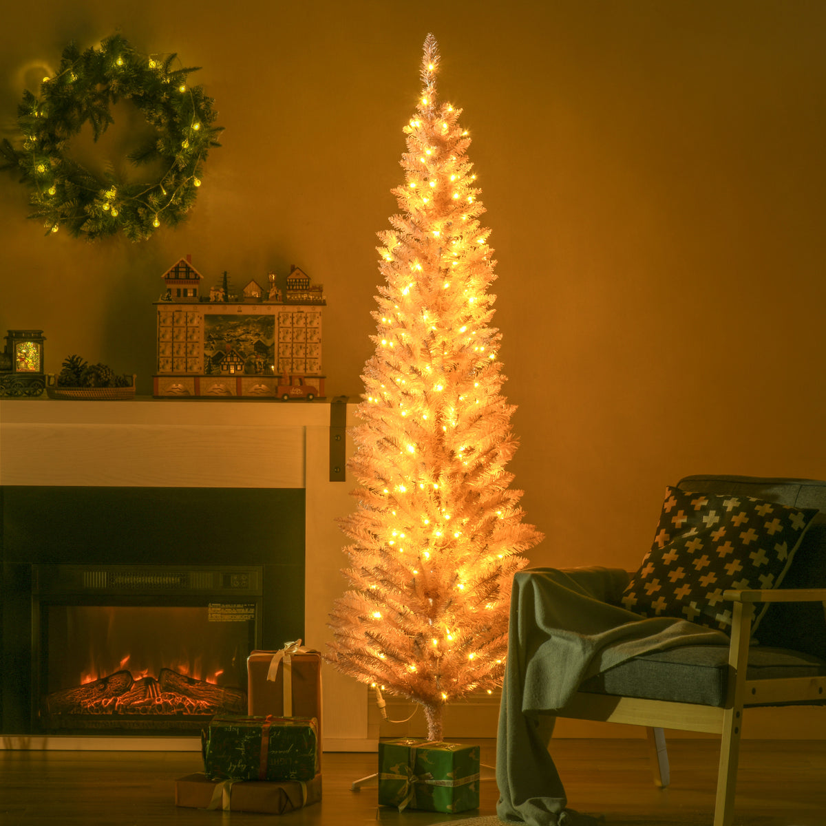 6ft Pencil Christmas Tree, Slim Artificial Christmas Tree with Realistic Branches and Warm White LED Lights, Pink