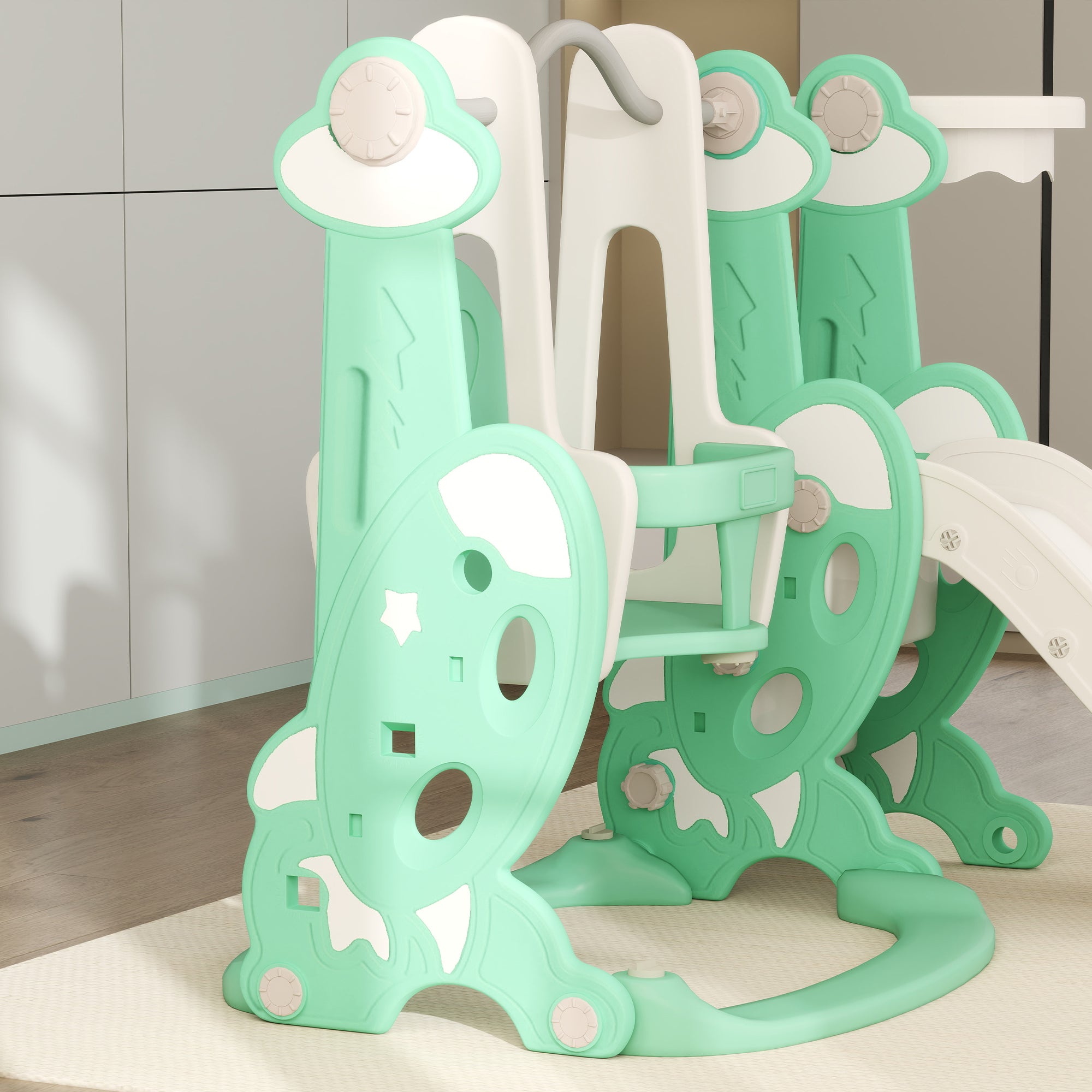 4 in 1 Toddler Slide and Swing Set for Ages 1.5-4, Toddler Playset Playground with Climber, Basketball Hoop, Green
