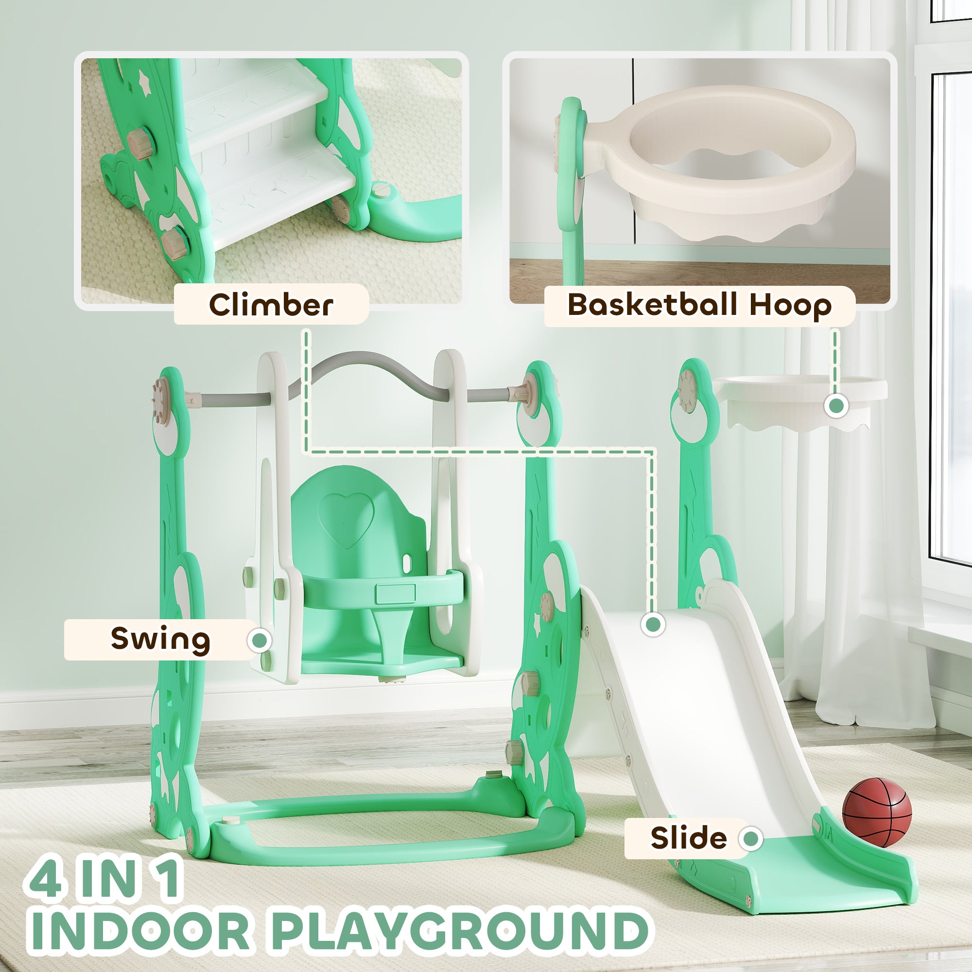 4 in 1 Toddler Slide and Swing Set for Ages 1.5-4, Toddler Playset Playground with Climber, Basketball Hoop, Green