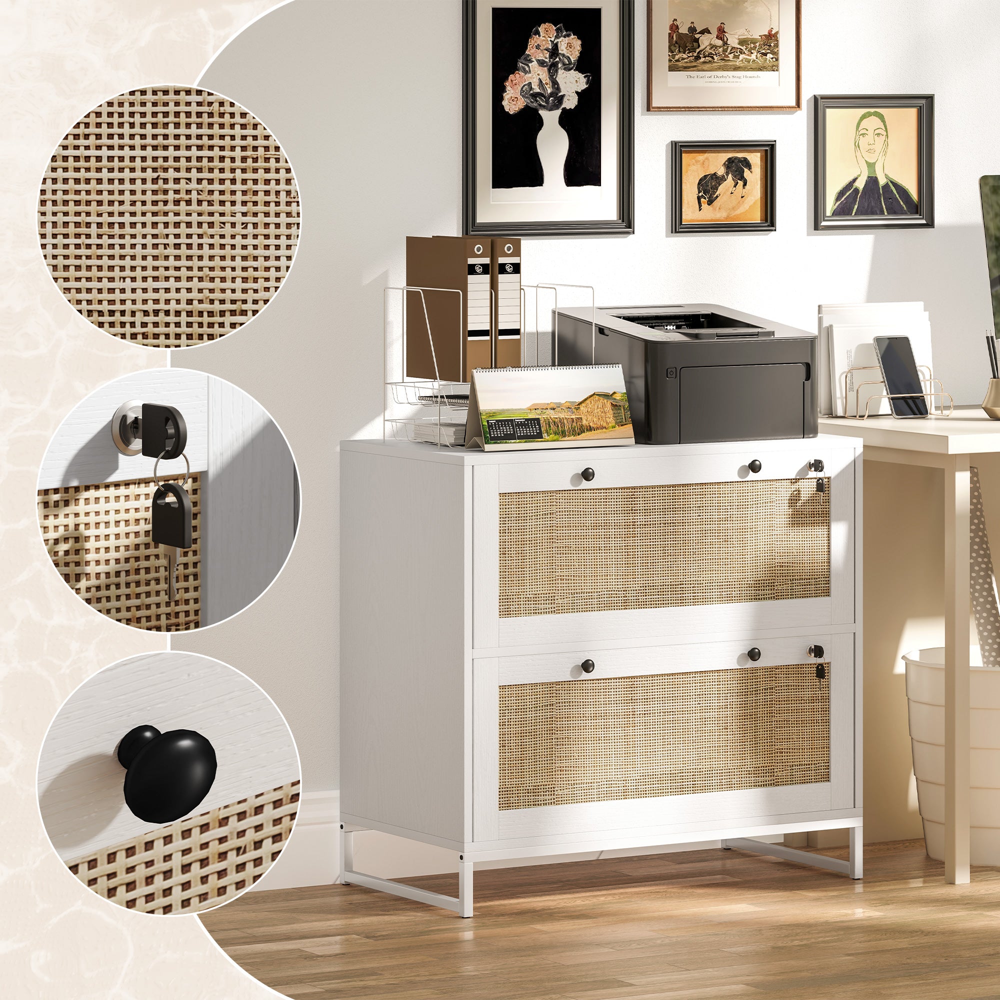 Lockable Filing Cabinet, Boho 2 Drawer File Cabinet with Adjustable Hanging Bar for Letter, A4 and Legal Size, White