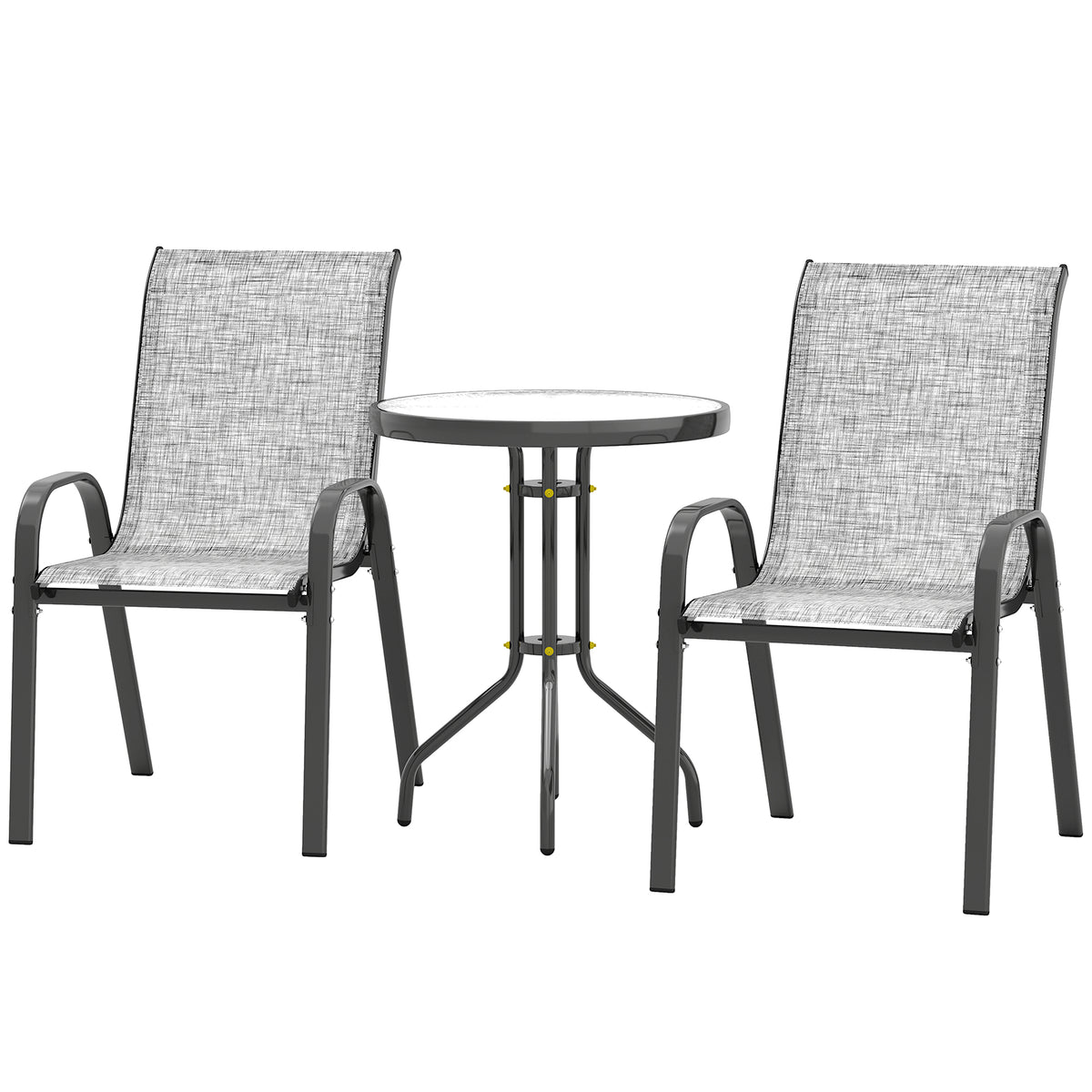 3 Pieces Bistro Set, Small Patio Furniture Set with Stackable Chairs and Glass Table for Backyard, Balcony, Gray