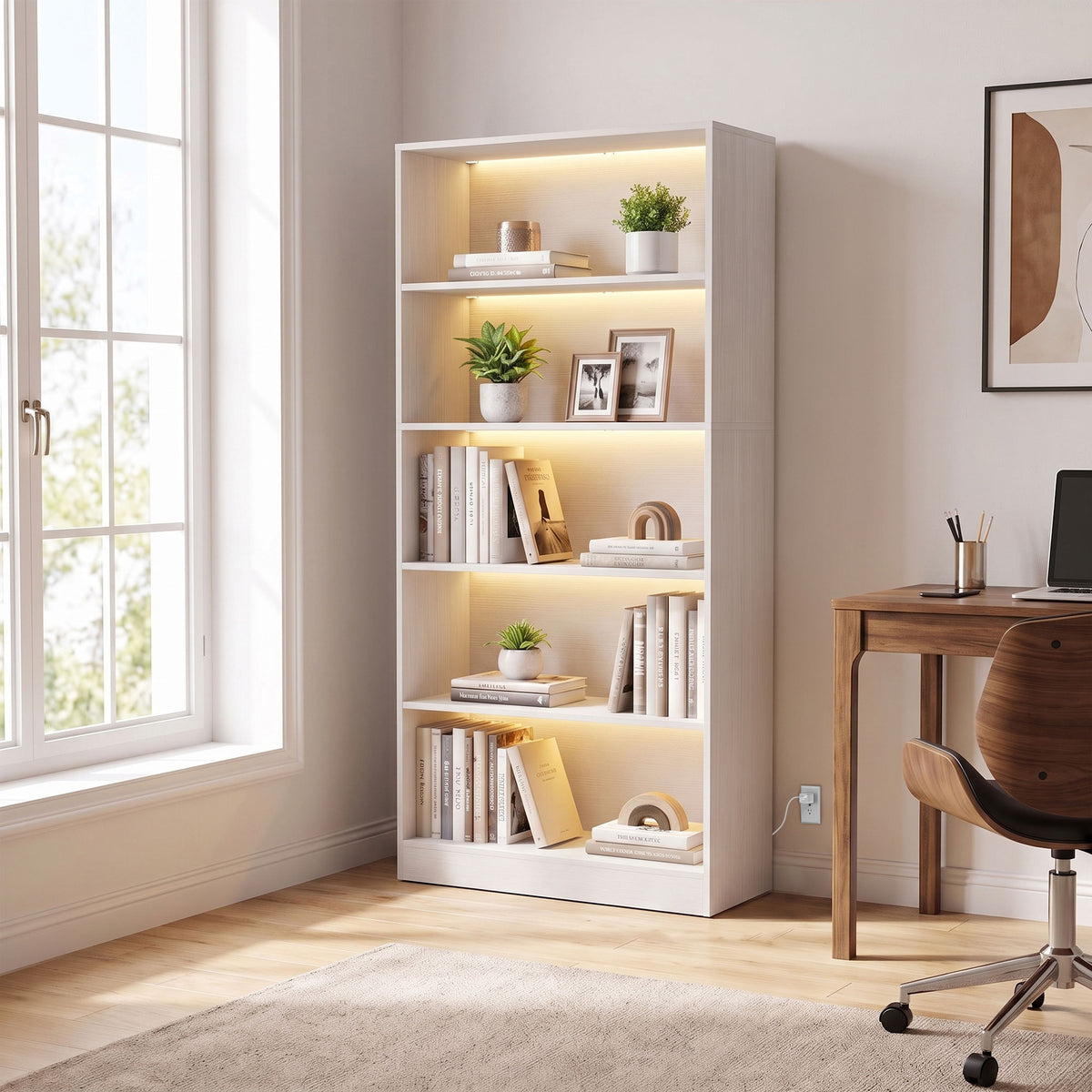 Bookshelf with LED Lights, 5-Tier Bookcase, Cable Holes, for Living Room, Study, White Wood Grain