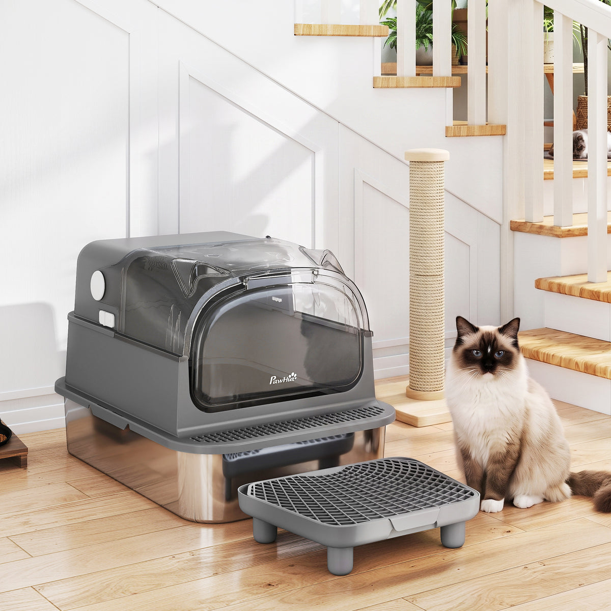 Stainless Steel Cat Litter Box with Flip Lid, XXL Enclosed Litter Box, High Sided, Step, Metal Scoop, 2 Deodorizing Bags
