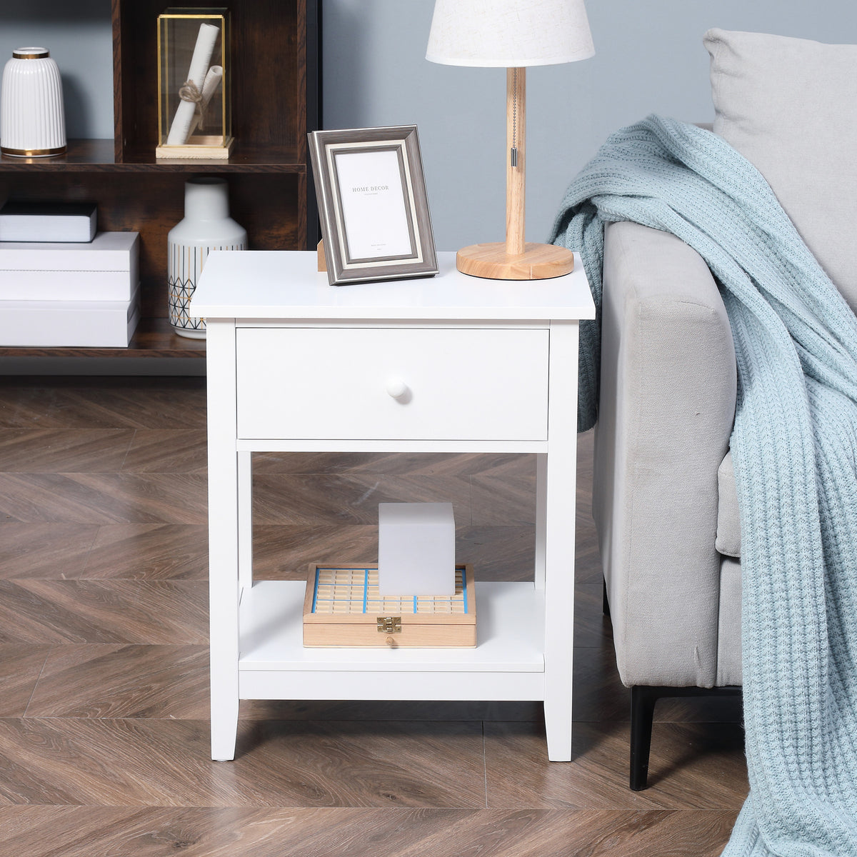 End Table, 2-tier Side Table with Drawer and Storage Shelf, Modern Sofa Side Table for Living Room, Gray