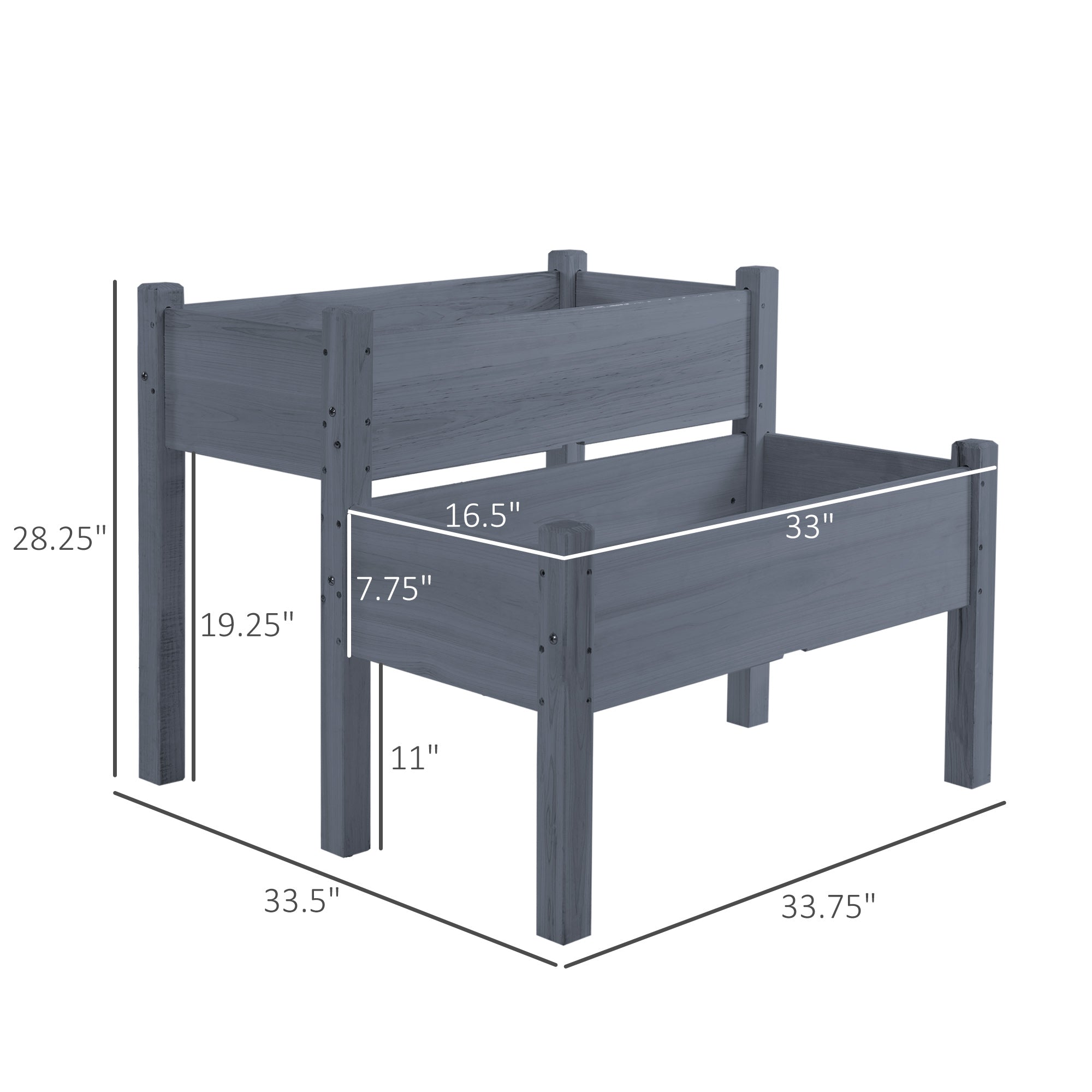 34"x34"x28" Raised Garden Bed 2-Tier Wooden Planter Box for Backyard, Patio to Grow Vegetables, Herbs and Flowers, Gray - Gray - Image 3